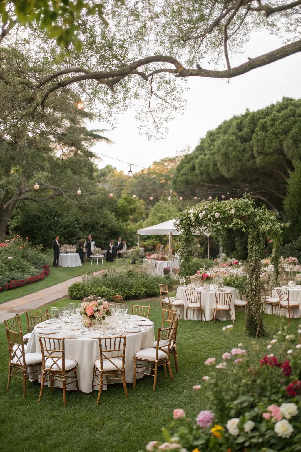 Garden party layout blending with nature's beauty.