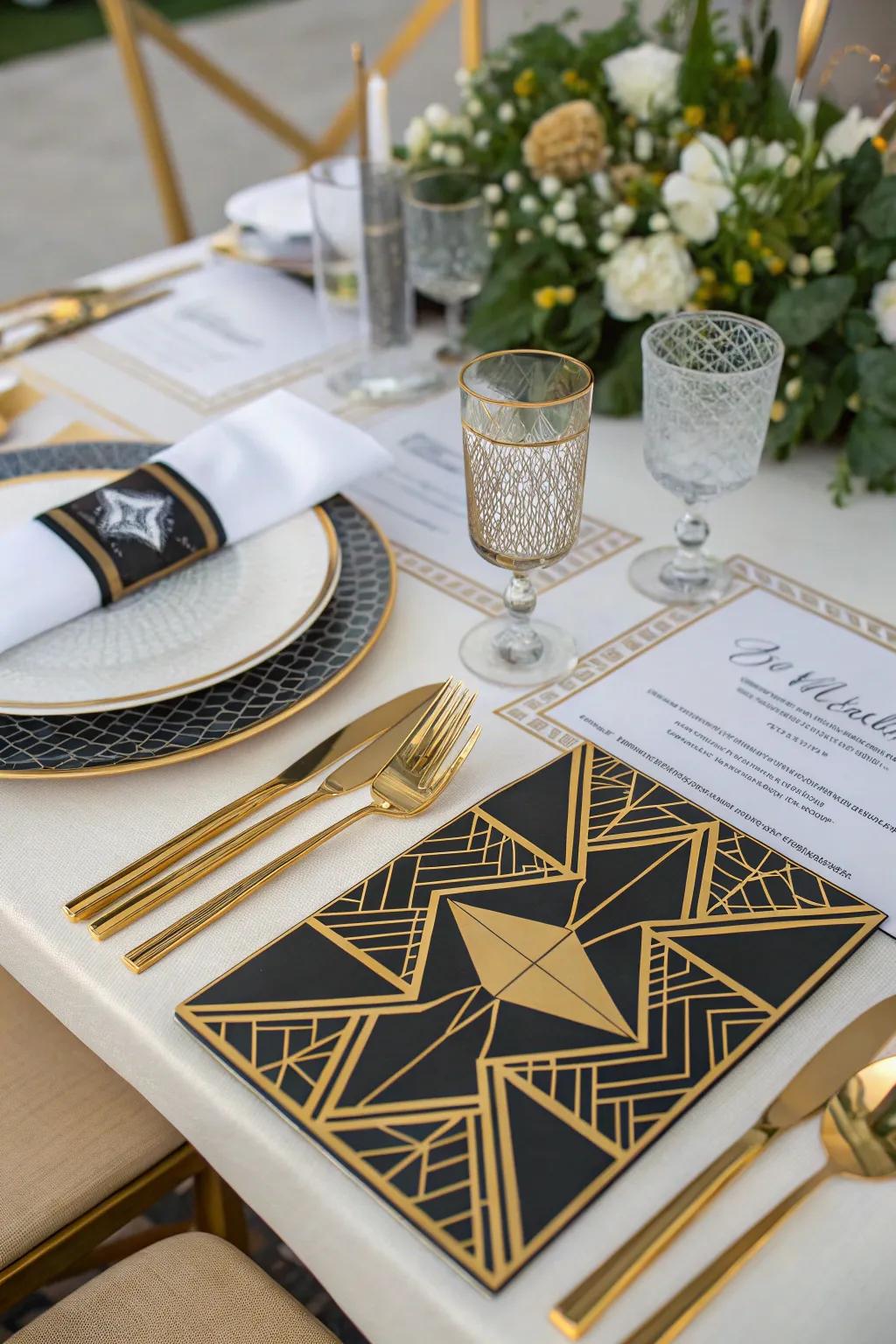 An Art Deco wedding table setting with glamorous vintage flair.