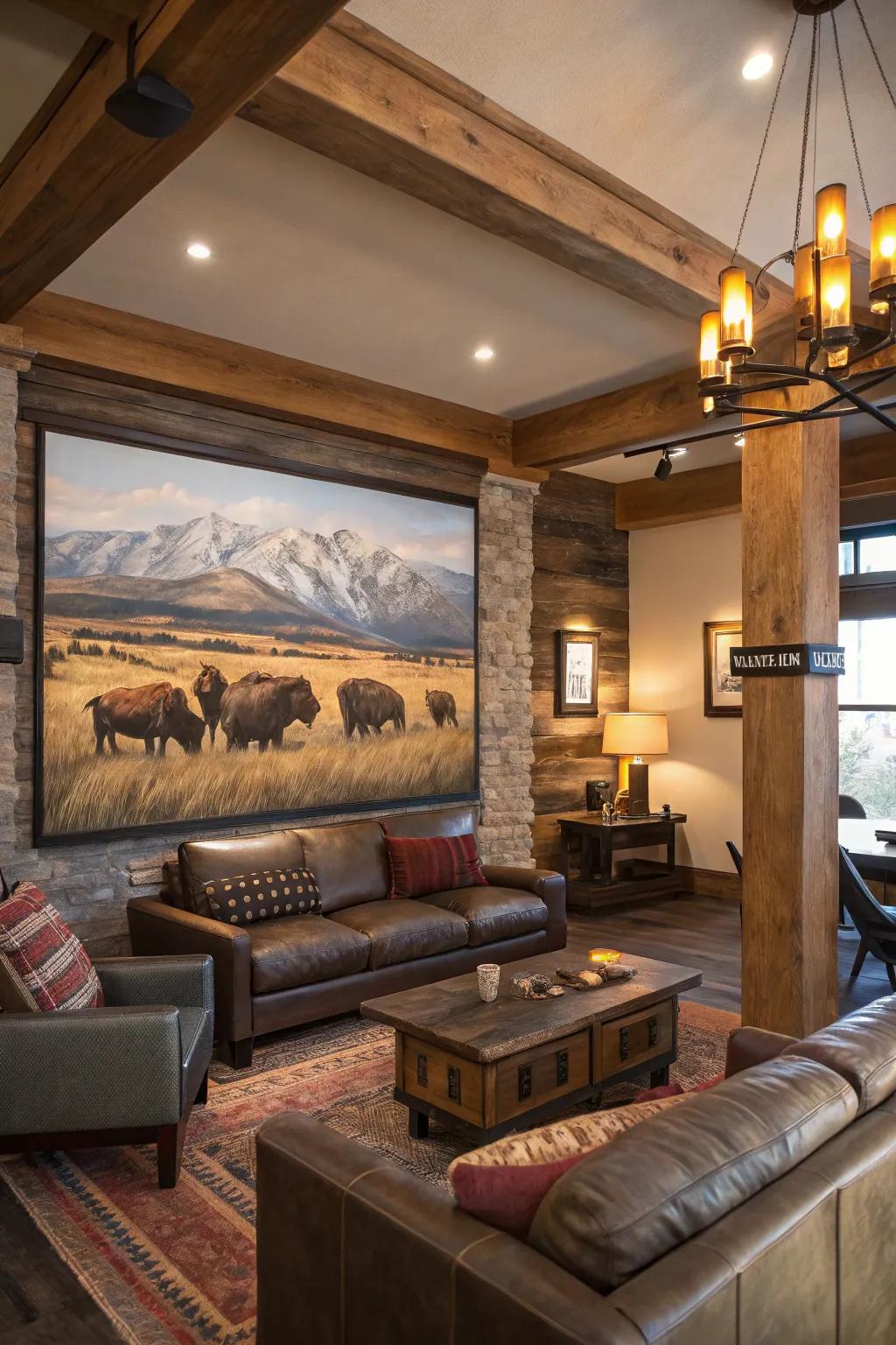 A buffalo herd painting creates a bold and majestic statement in this living room.