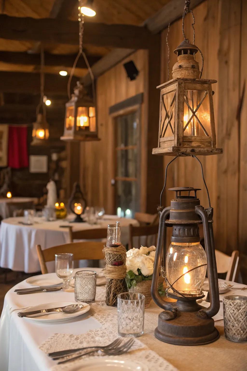 Rustic lanterns casting a warm glow over the table.