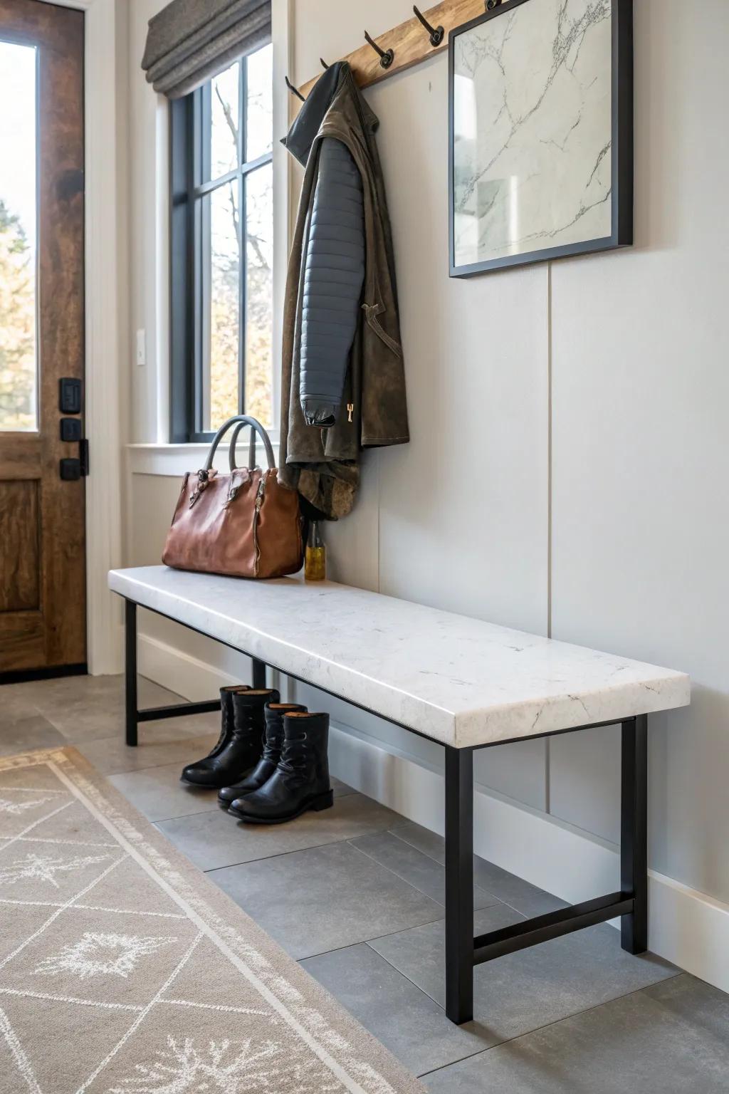 Transform leftover quartz into a chic entryway bench for a touch of modern elegance.