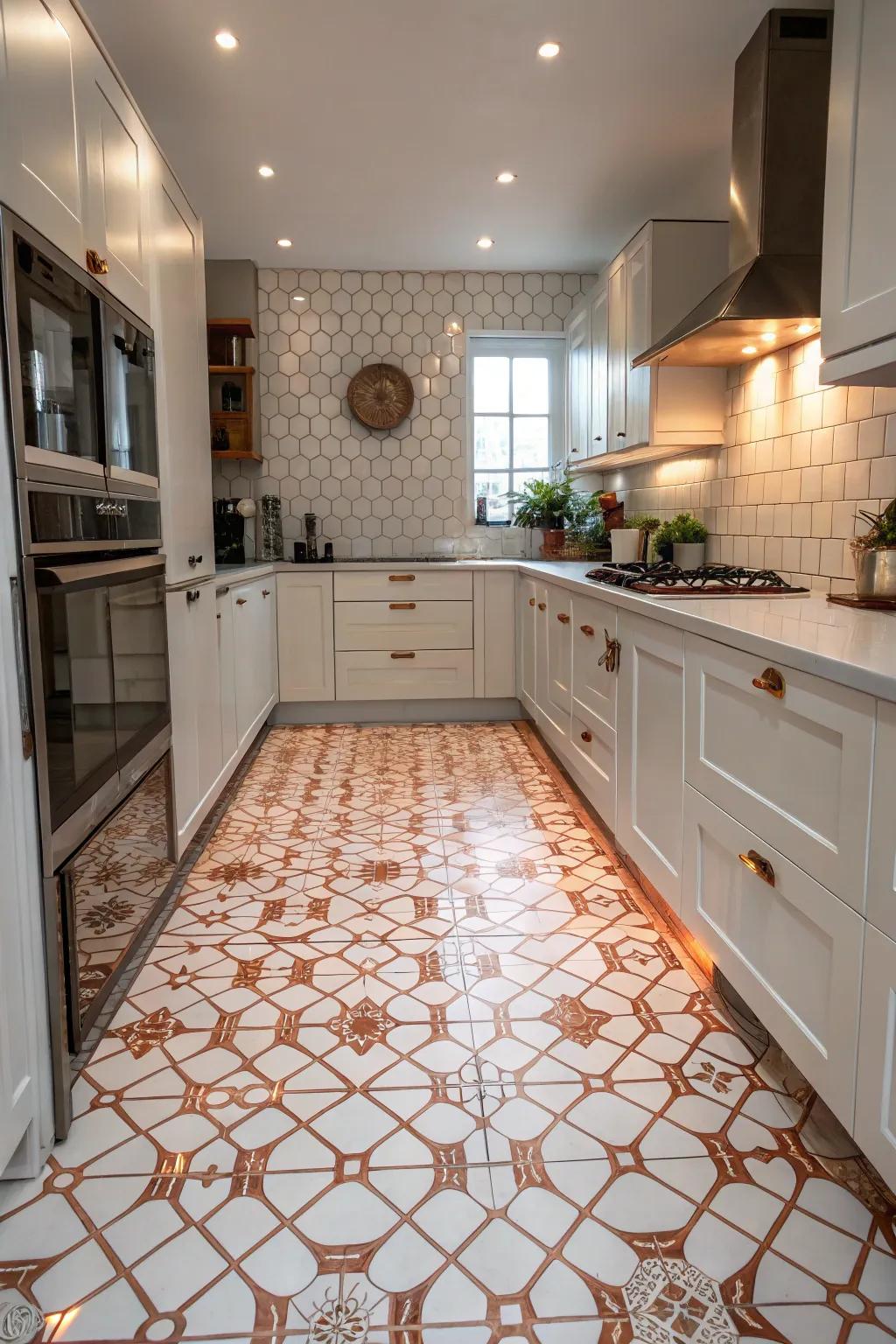 Copper and white tiles create a visually interesting kitchen floor.