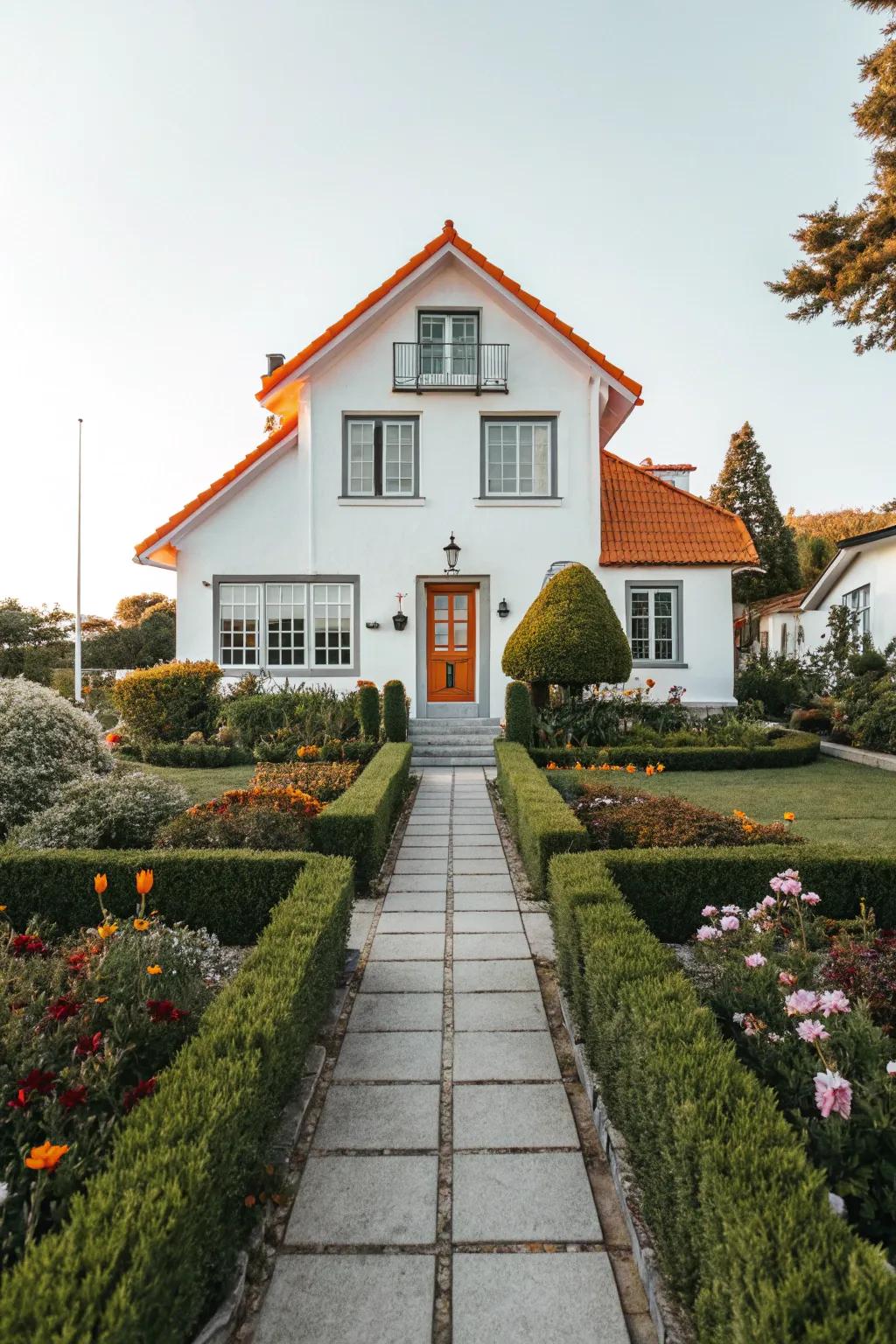 Orange trim adds a bold and energetic flair to this modern white home.