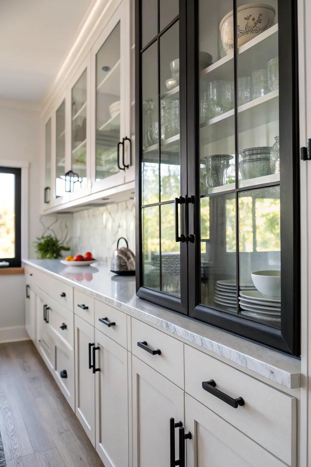 Black hardware supports and enhances statement glass cabinets.