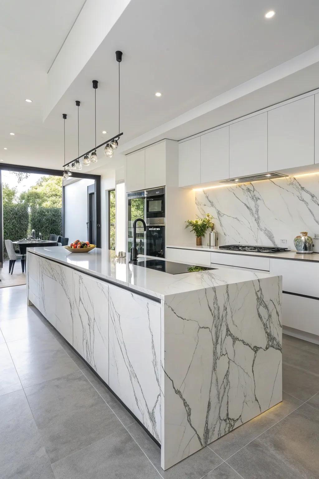 Bold veining on white countertops creates a striking focal point.