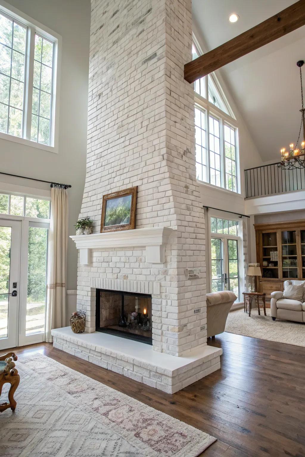 A grand floor-to-ceiling whitewashed brick fireplace.