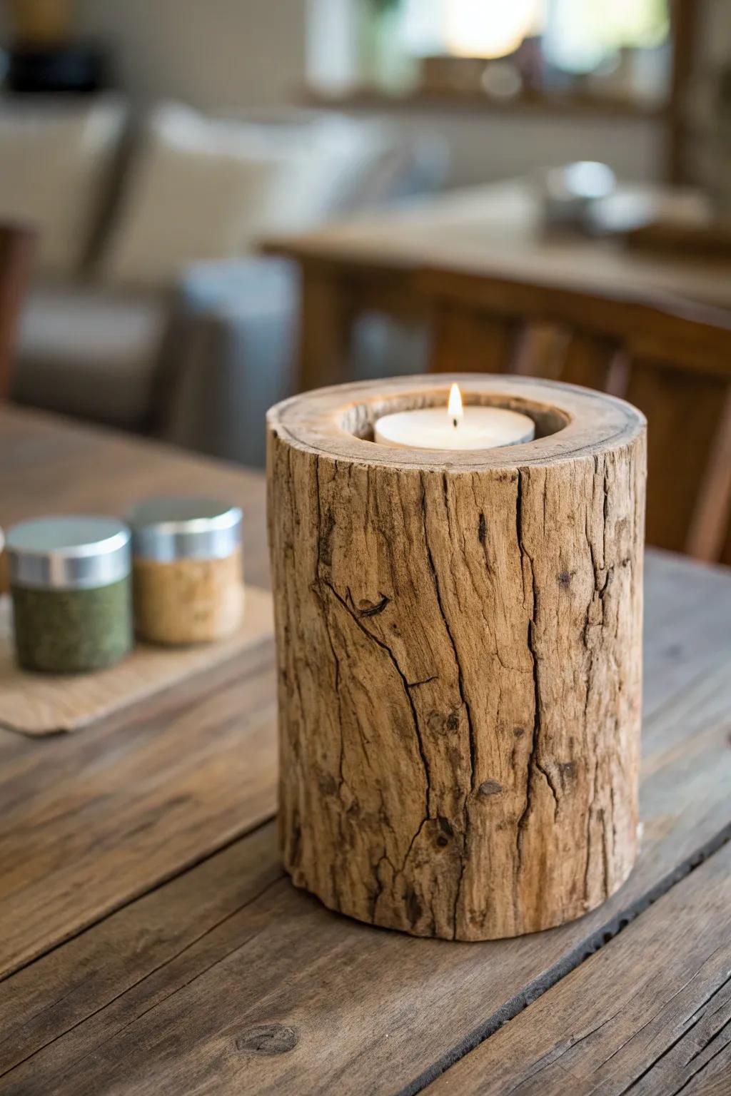 Elevate your space with the charm of a hand-whittled rustic candle holder.