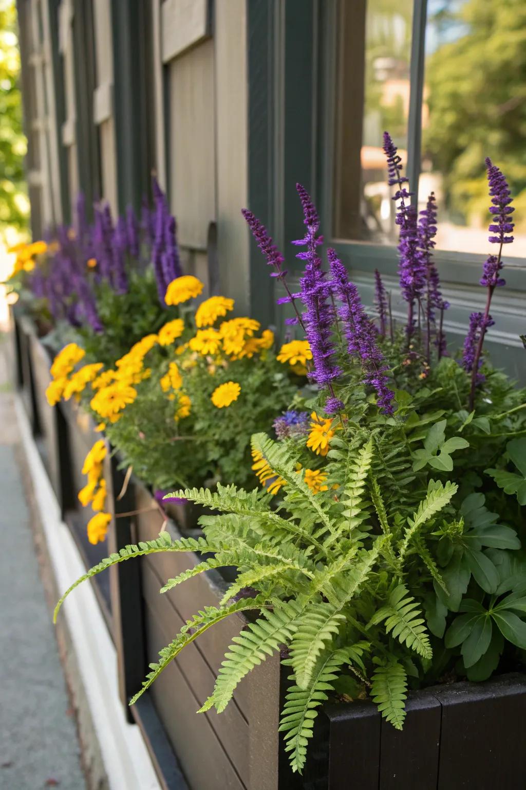 A creative mix of plants and flowers for a unique and vibrant window box display.