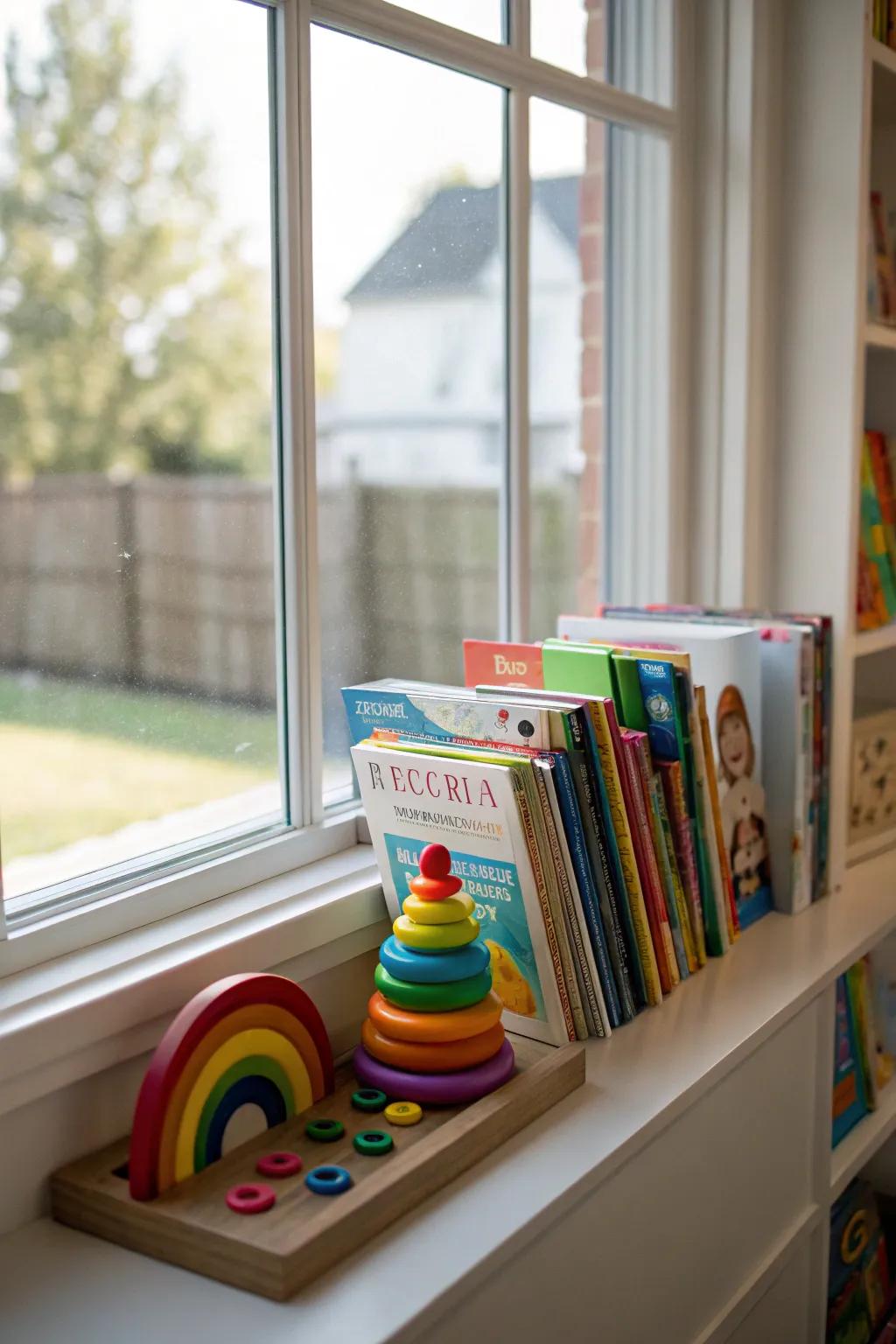 A colorful kids' corner by the window.