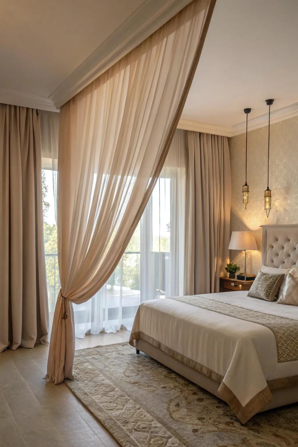 Full-length privacy curtains in a bedroom