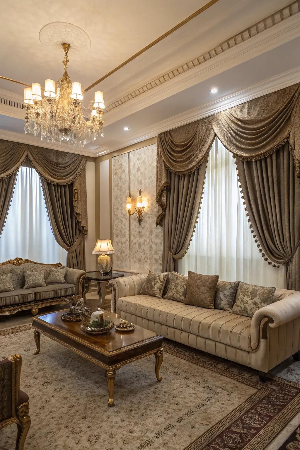 Layered valances for a sophisticated living room ambiance.