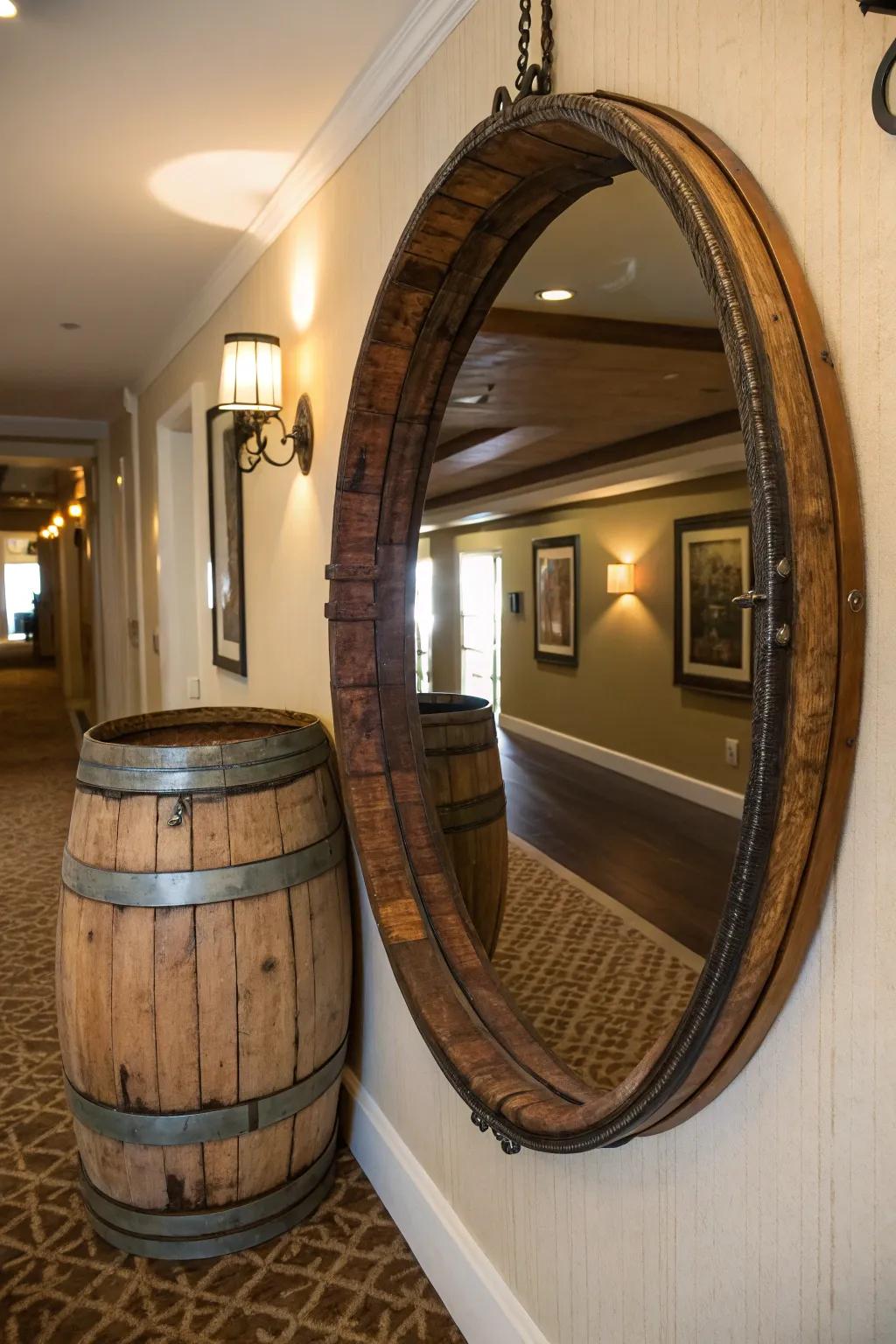 A wine barrel mirror adds rustic charm to any room.