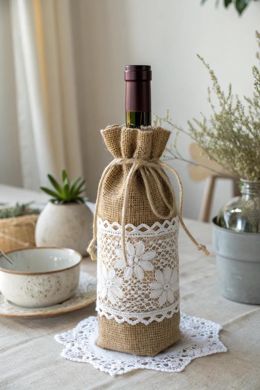 Elevate your gift with layered textures: a perfect blend of lace and burlap for a touch of rustic elegance.