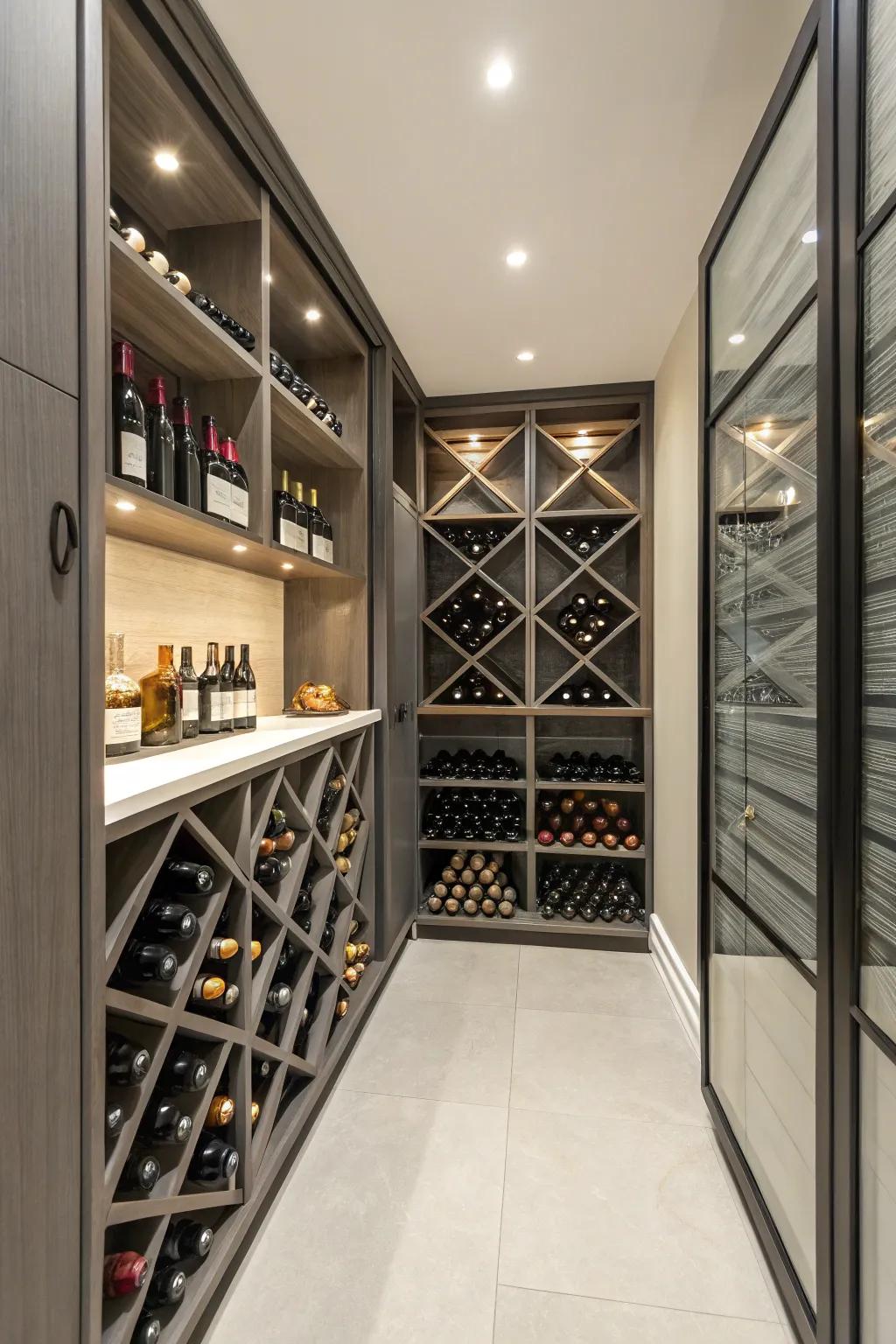 A modern wine closet with a geometric shelving design