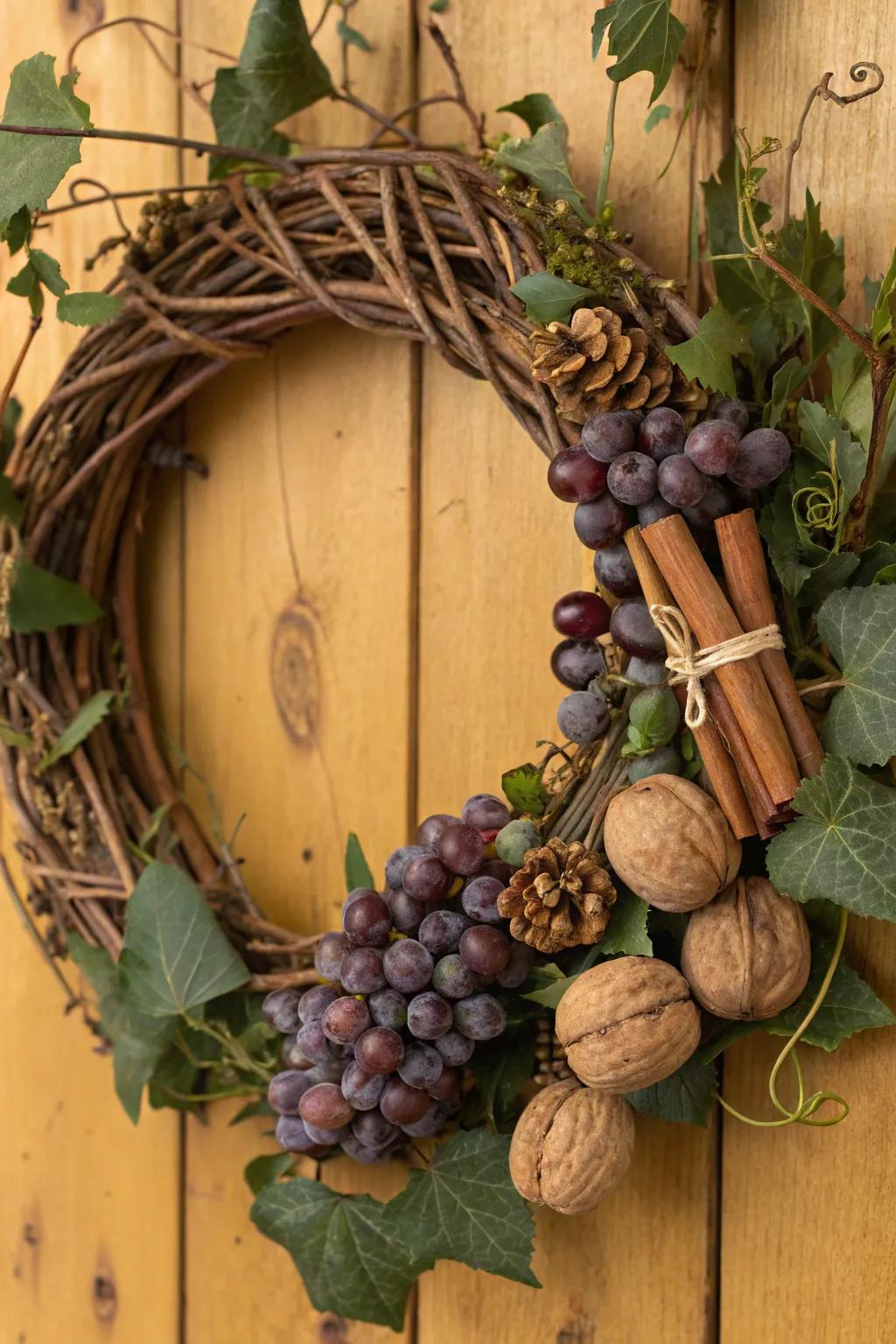 Cinnamon and walnuts bring warmth and coziness to a winter wreath.