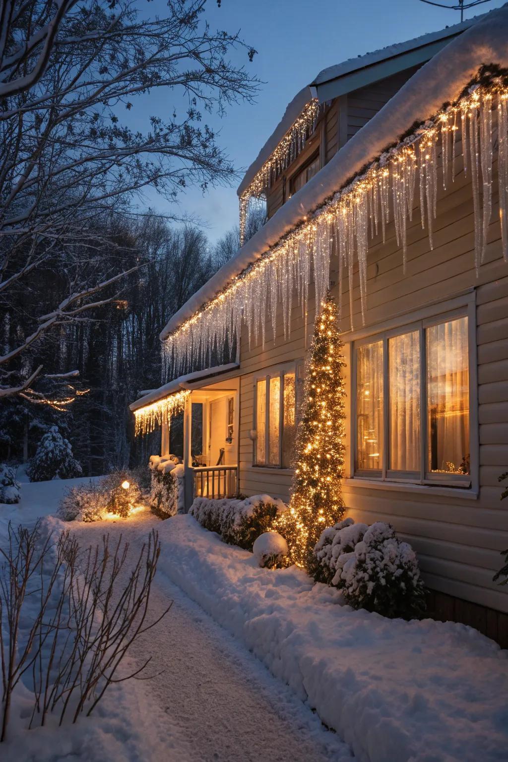 Icicle lights mimic the shimmering beauty of ice.