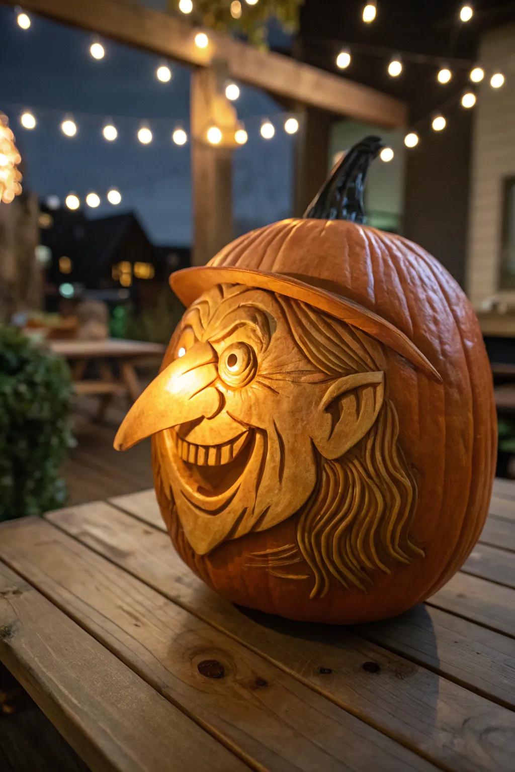 A humorous witch pumpkin with a long, exaggerated nose.