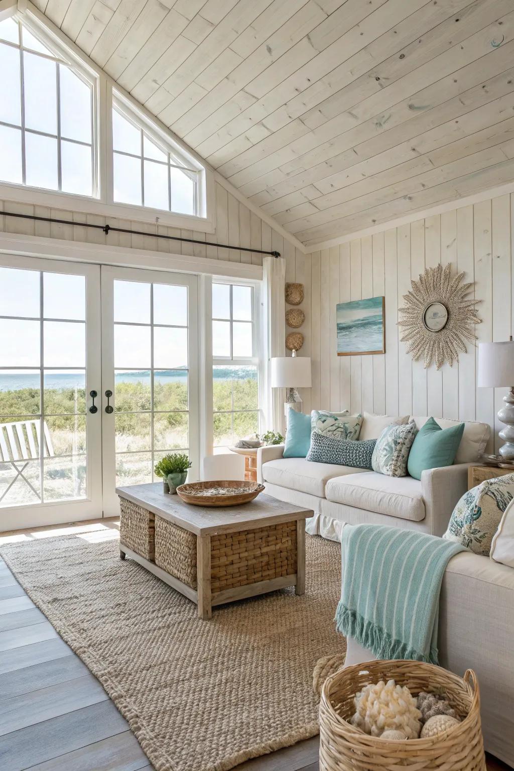 A beach house living room with a light wood accent wall.