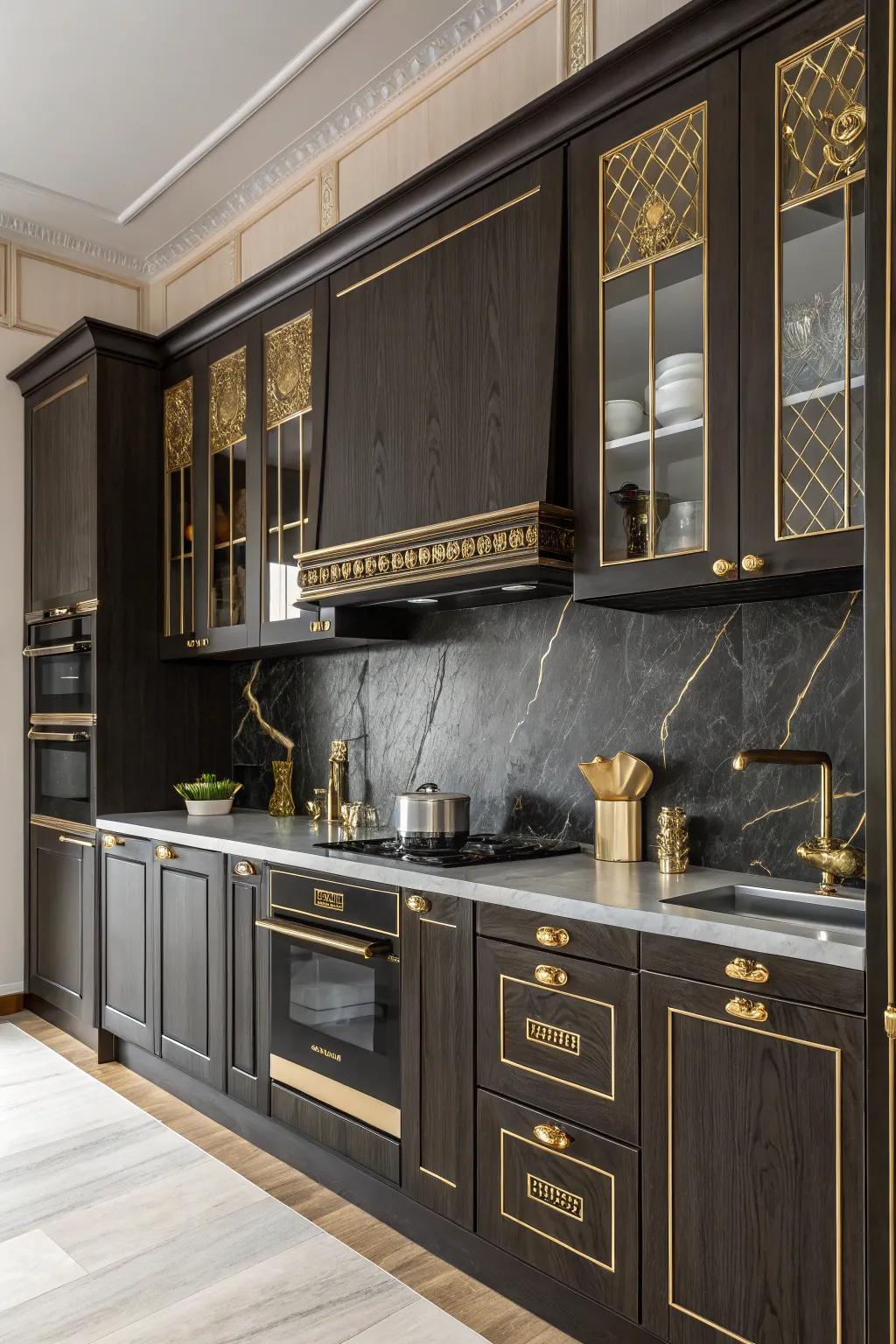 A sophisticated kitchen featuring a bold black wood backsplash.