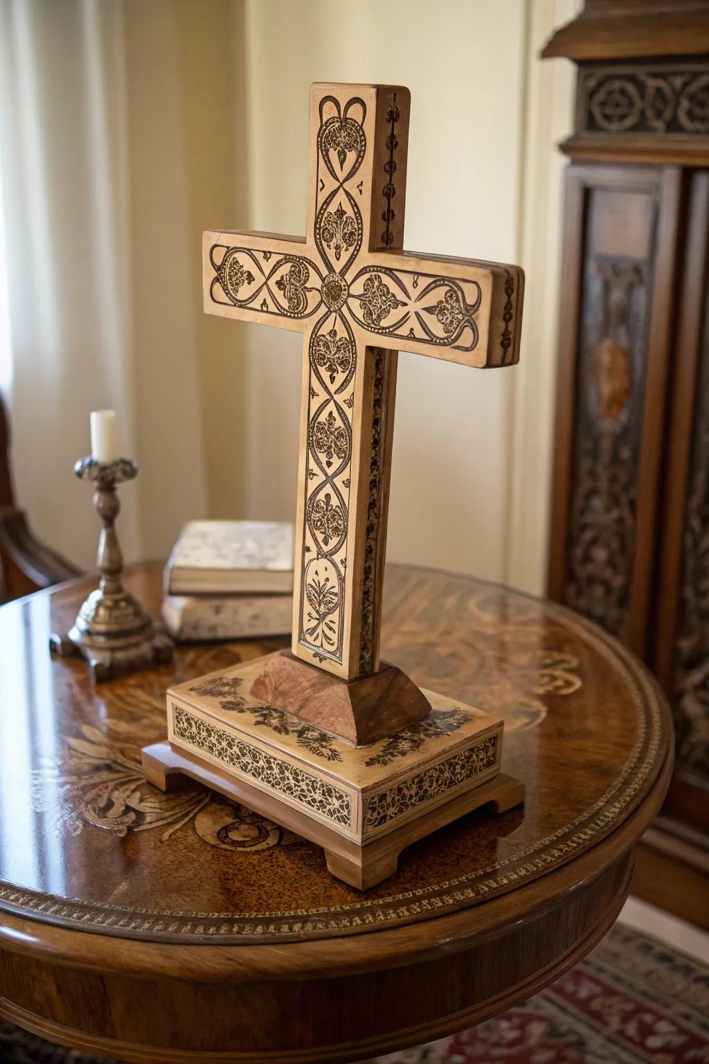 Victorian scrolls add classic elegance to wooden cross designs.