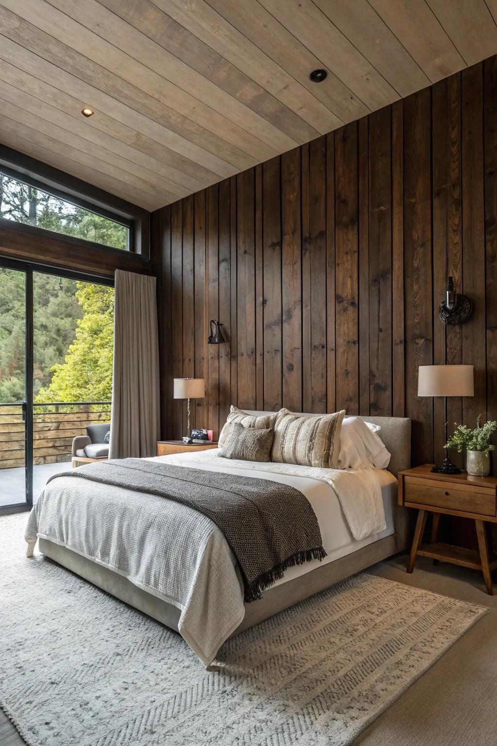 Bedroom featuring sophisticated dark stained wood paneling.