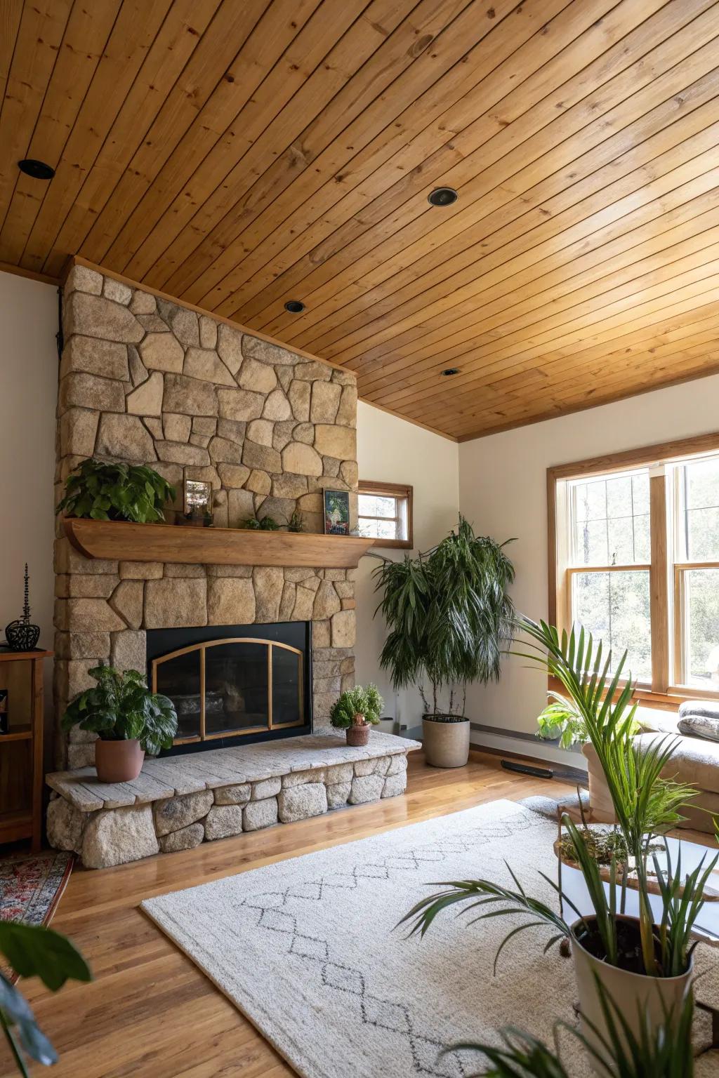 Natural elements complement the organic feel of a wood ceiling.