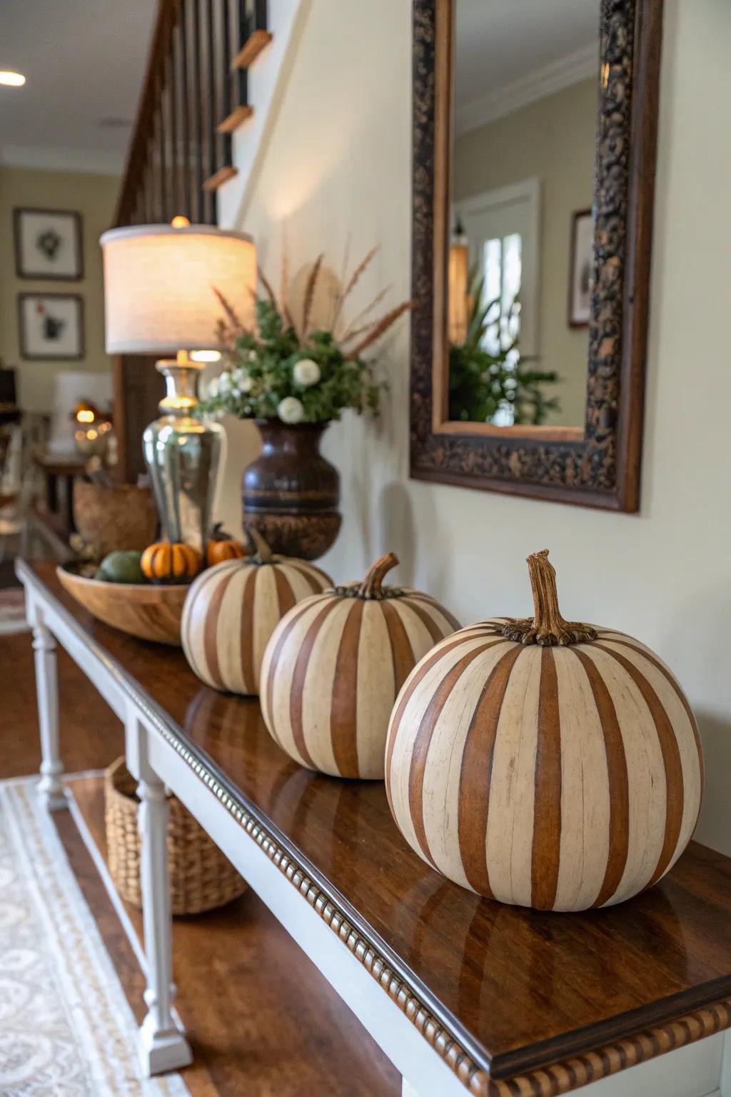 Timeless elegance with striped wooden pumpkins.