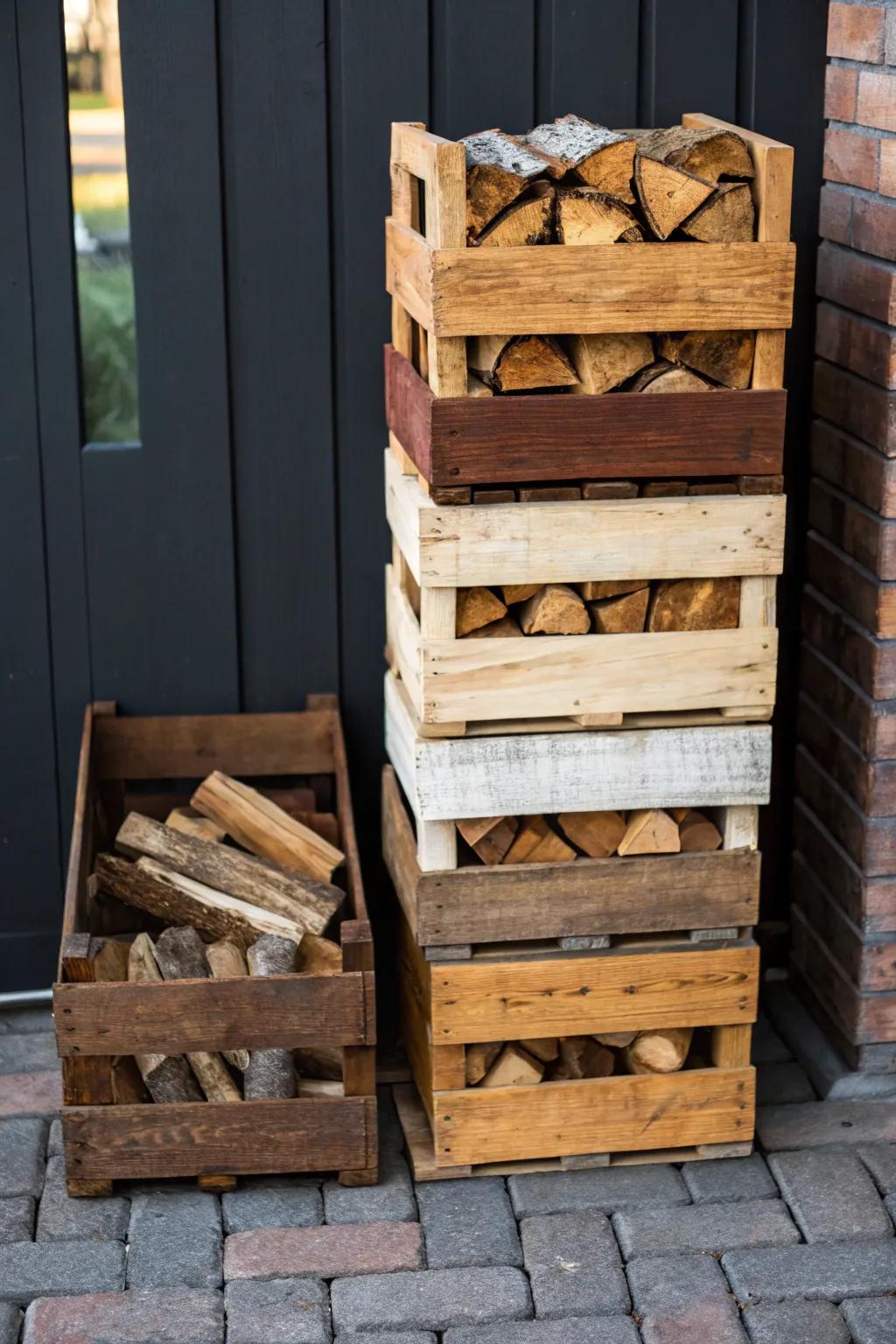 Elevate your workshop with stackable crates for a refined and organized wood scrap storage solution.