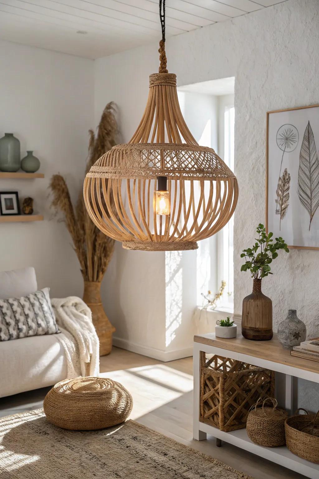 Illuminate your space with the warm, artistic glow of a handcrafted wood slat light fixture.