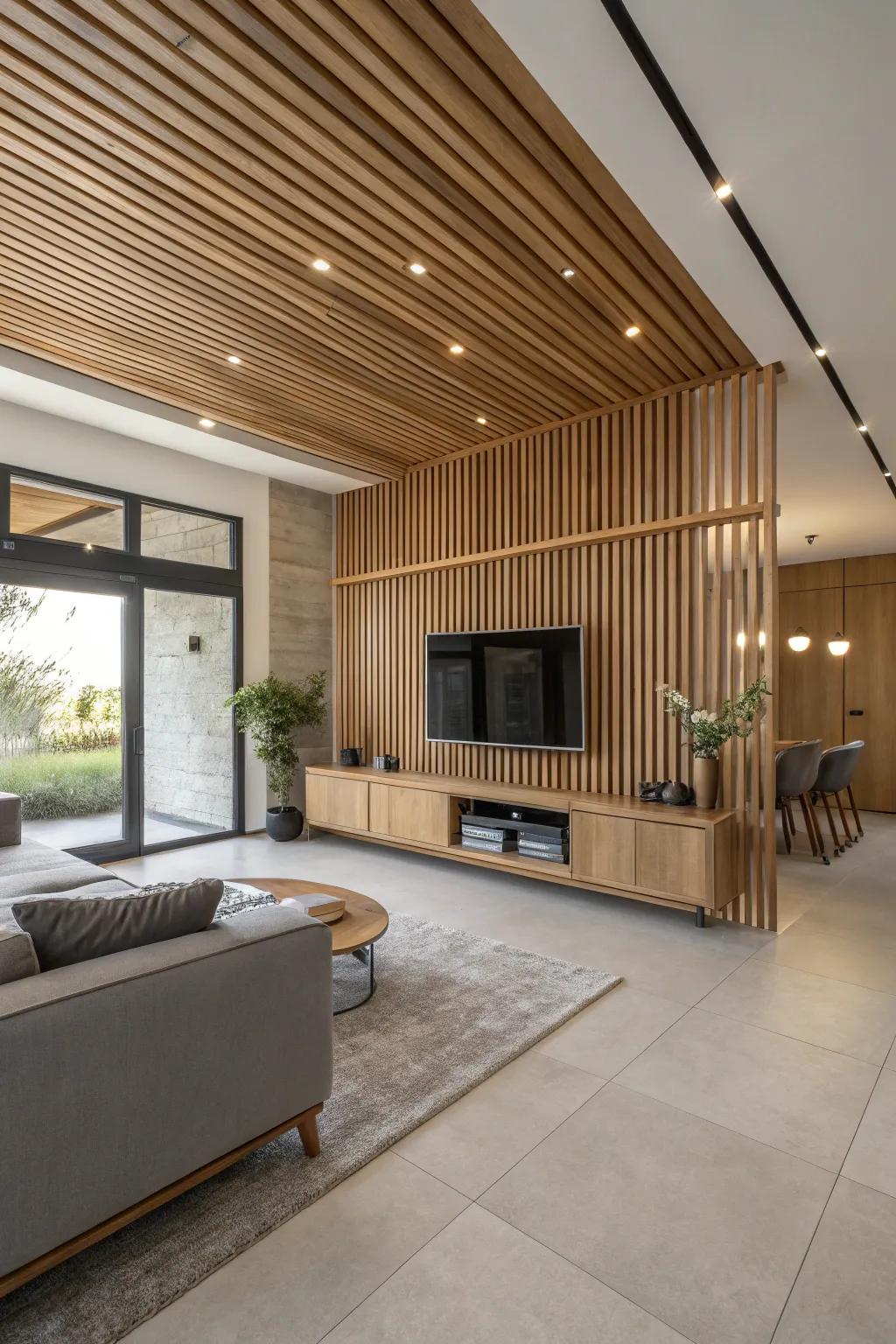 Horizontal wood slats create continuity and calm.