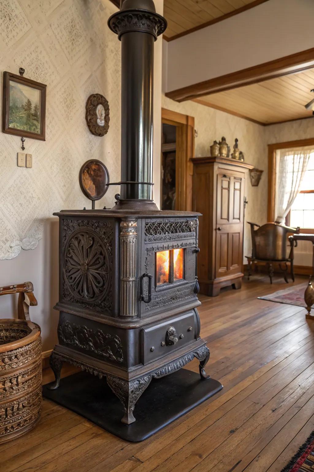 A vintage-style wood stove brings a sense of history and charm to this classic space.