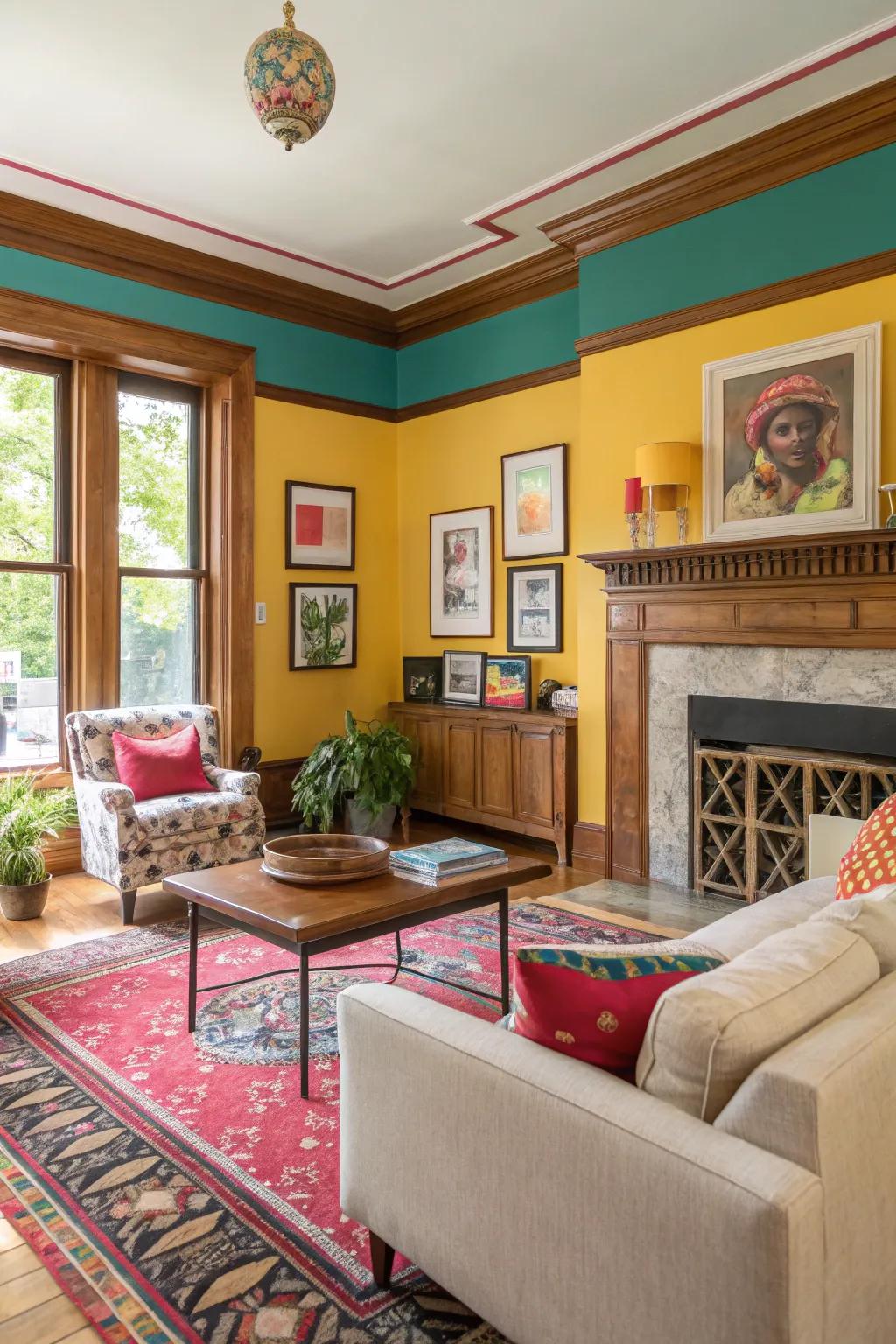 Vibrant living room with bold painted wood trim for a standout look.