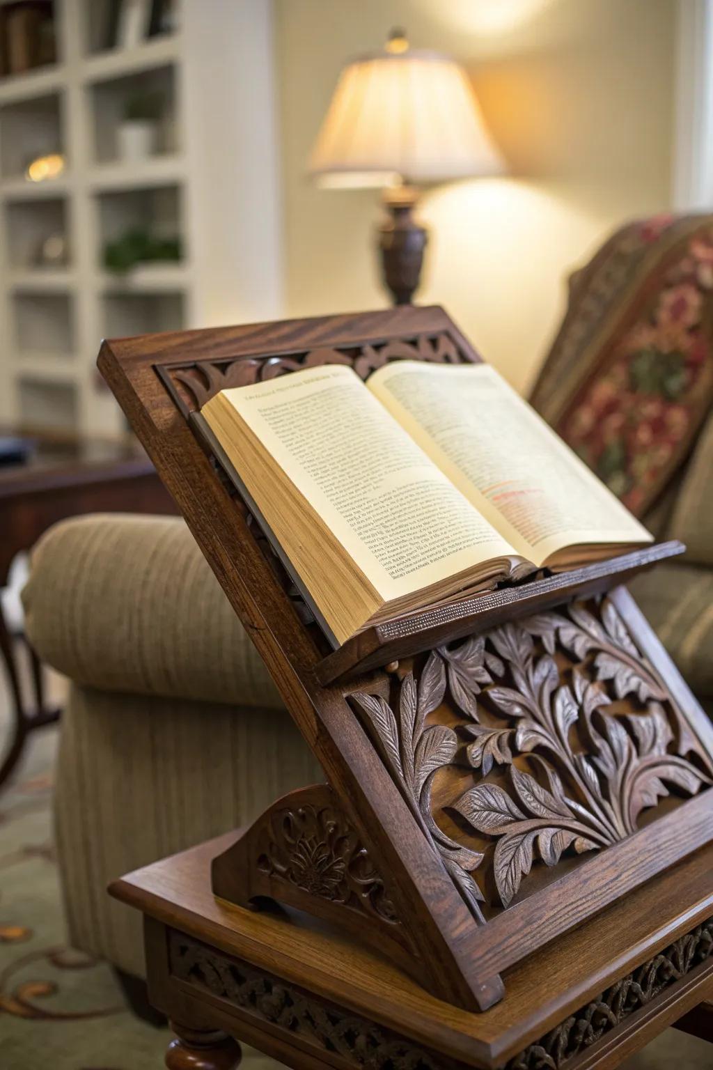 Elevate your reading space with a handcrafted wooden book stand, adorned with exquisite floral carvings.