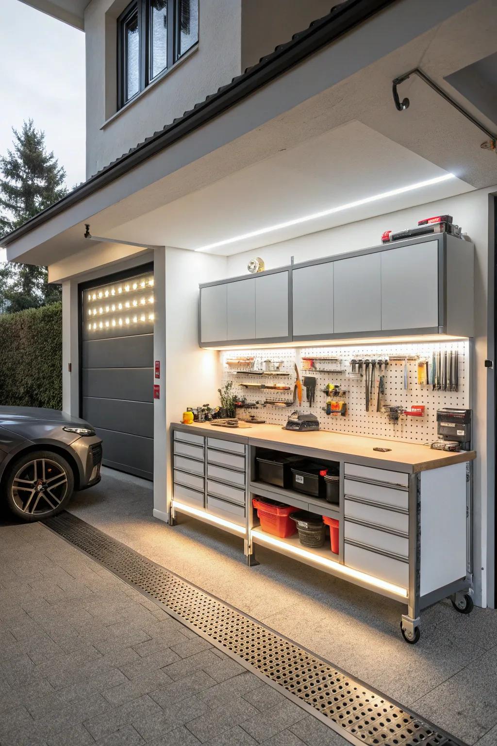 Lighted shelves enhance visibility and add ambiance.