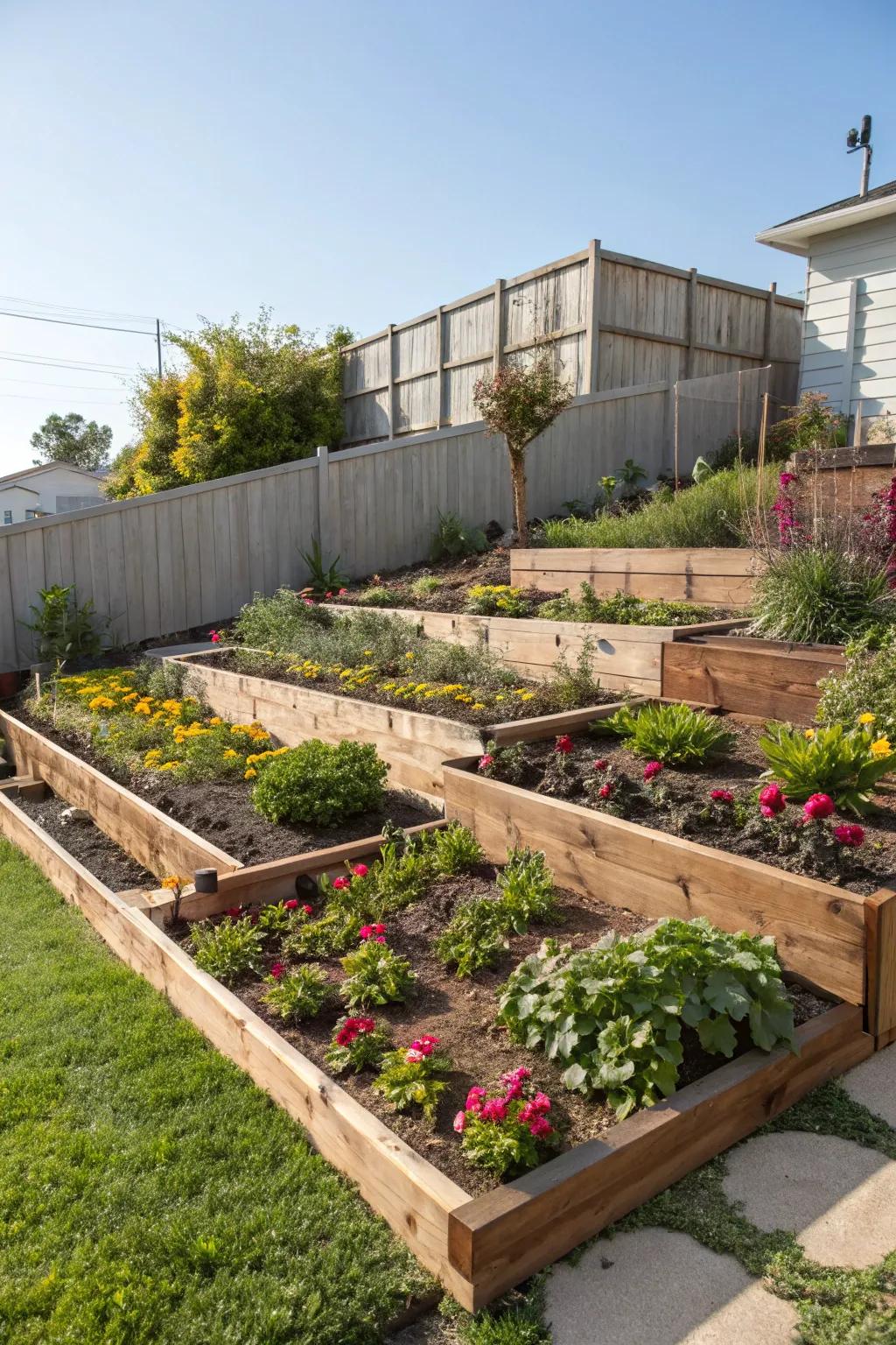 Tiered plant beds offer a layered and colorful yard division.