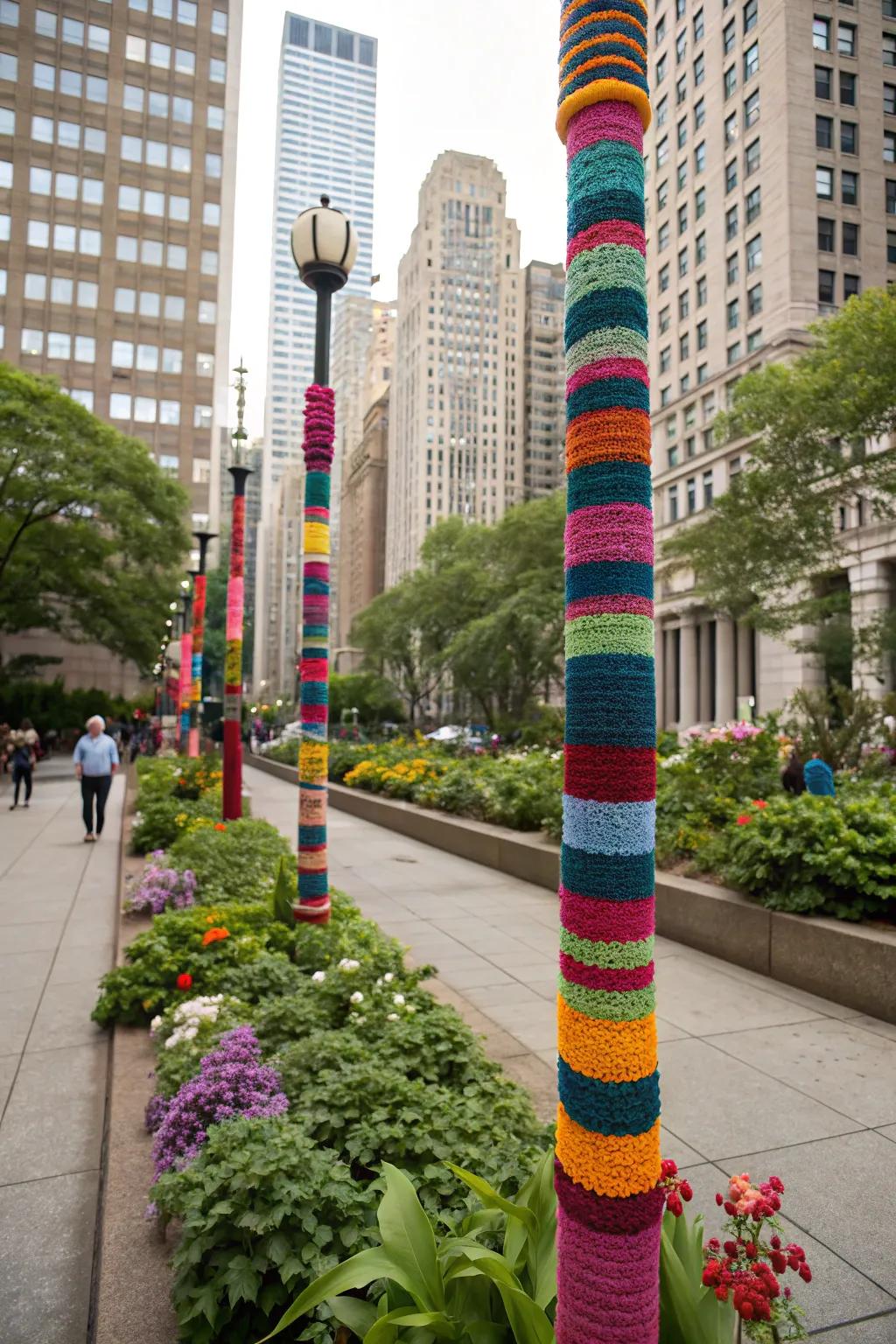 Yarn-covered poles support plants while adding charm.