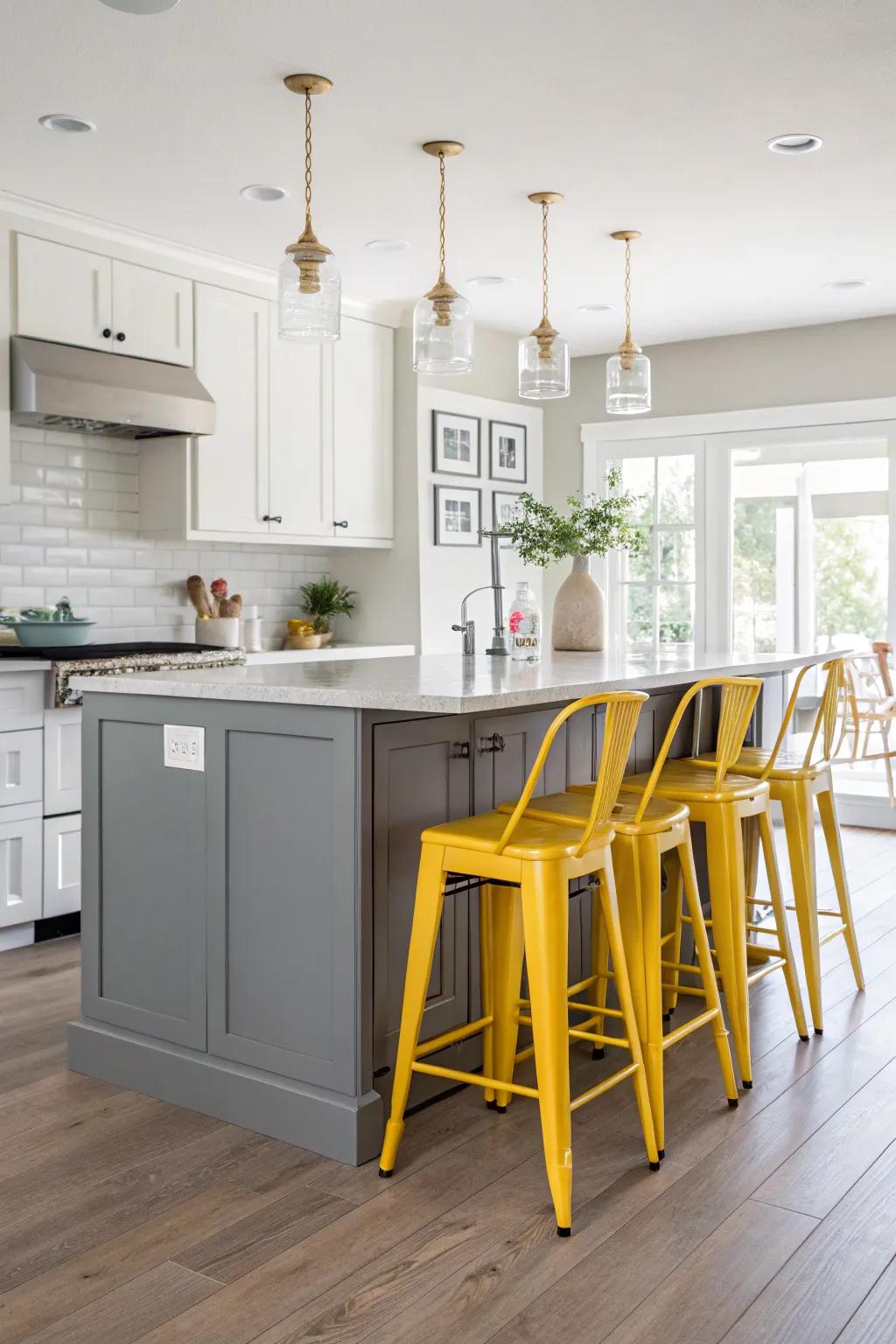 Yellow bar stools bring vibrancy to a grey kitchen island centerpiece.