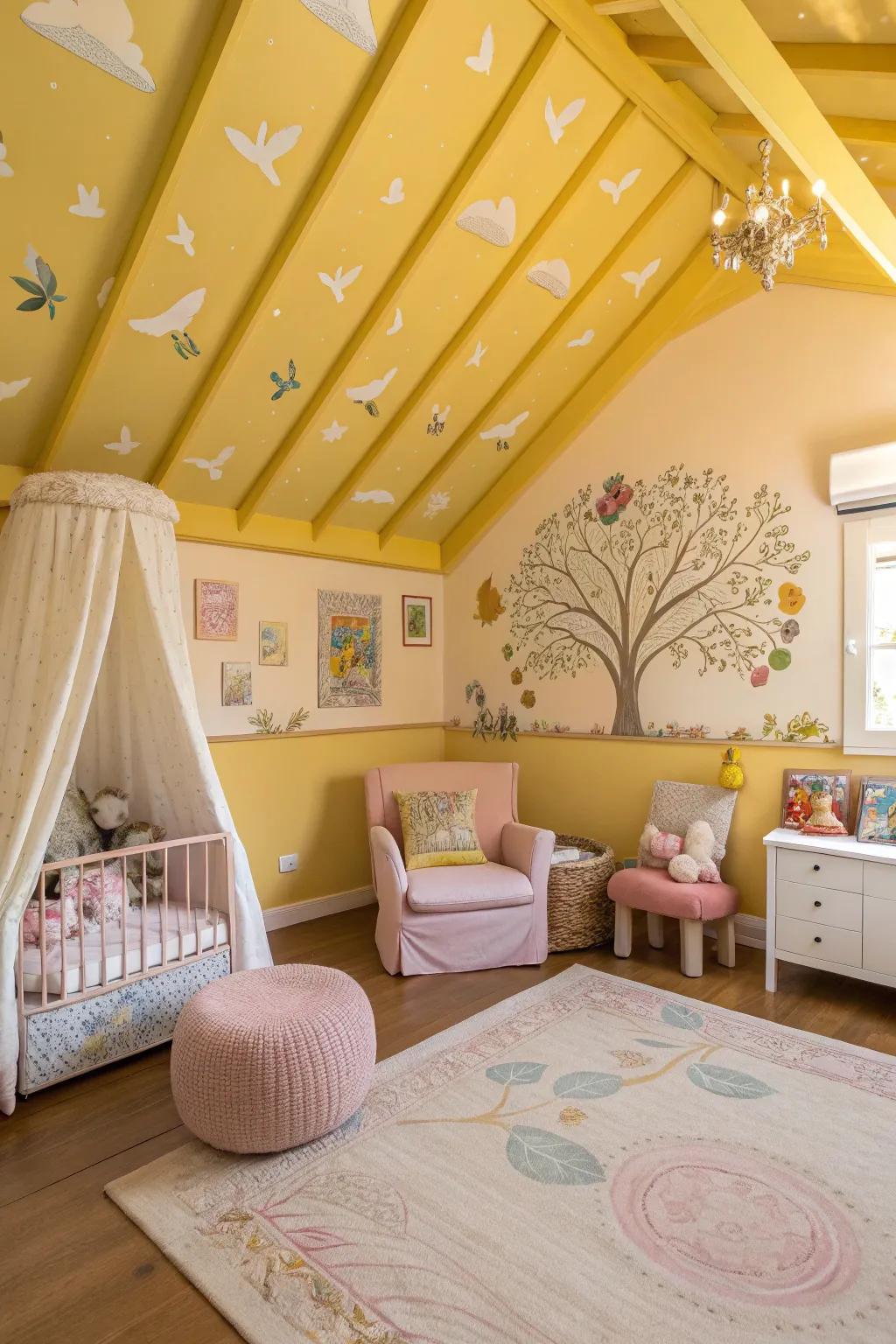 Yellow ceiling details add dimension and a unique touch to this nursery.