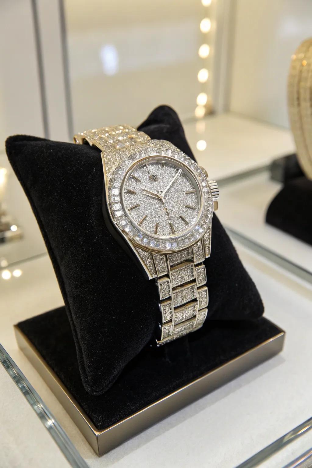 A diamond-studded watch combines elegance and personalization.