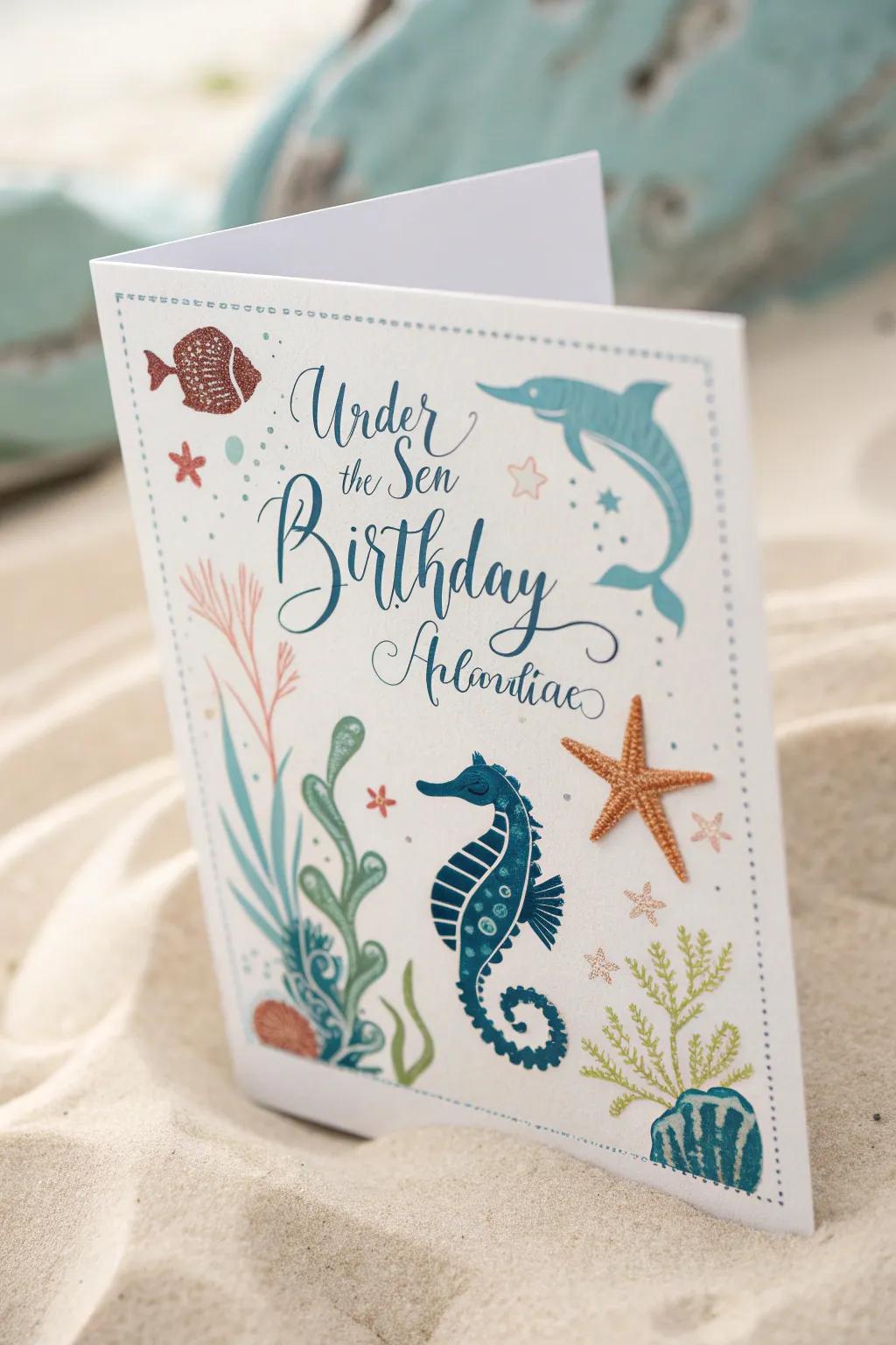 Dive into a sea of elegance with this 'Under the Sea Adventure' birthday card—where minimalist design meets the vibrant beauty of ocean life.