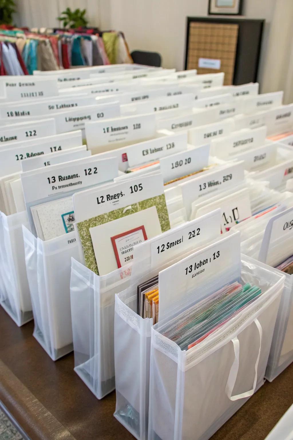 Clear plastic bags offer protective and organized storage for themed paper collections.