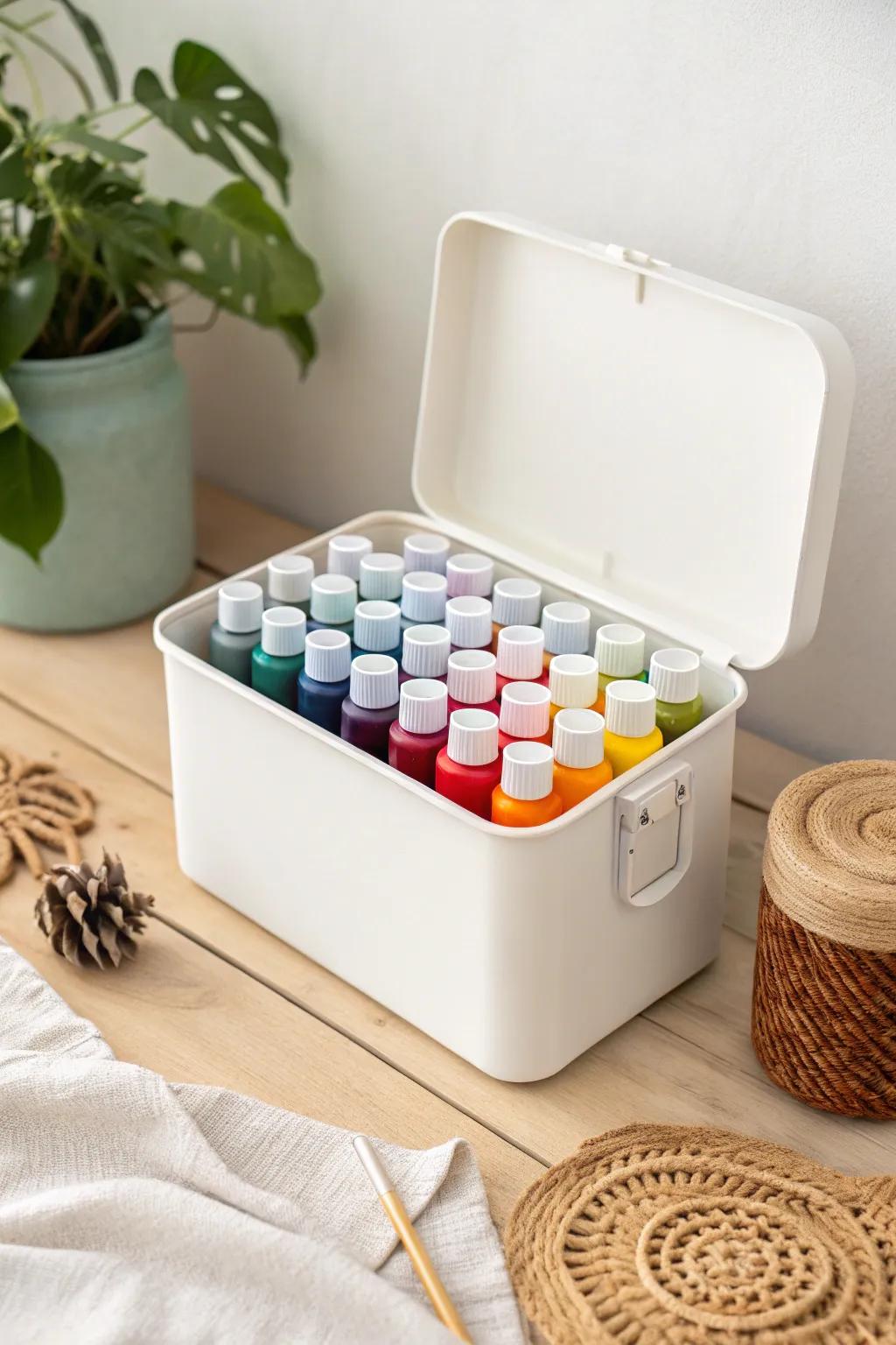 Organize your creativity: Stackable bins for vibrant paint storage.
