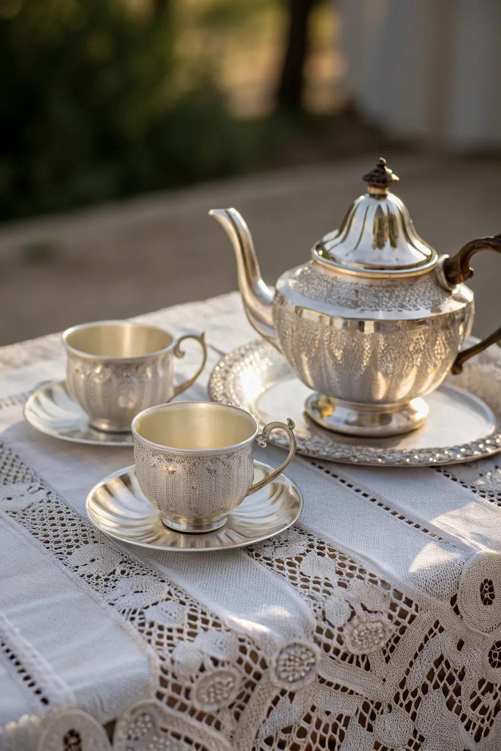 A silver tea set brings elegance to every sip.