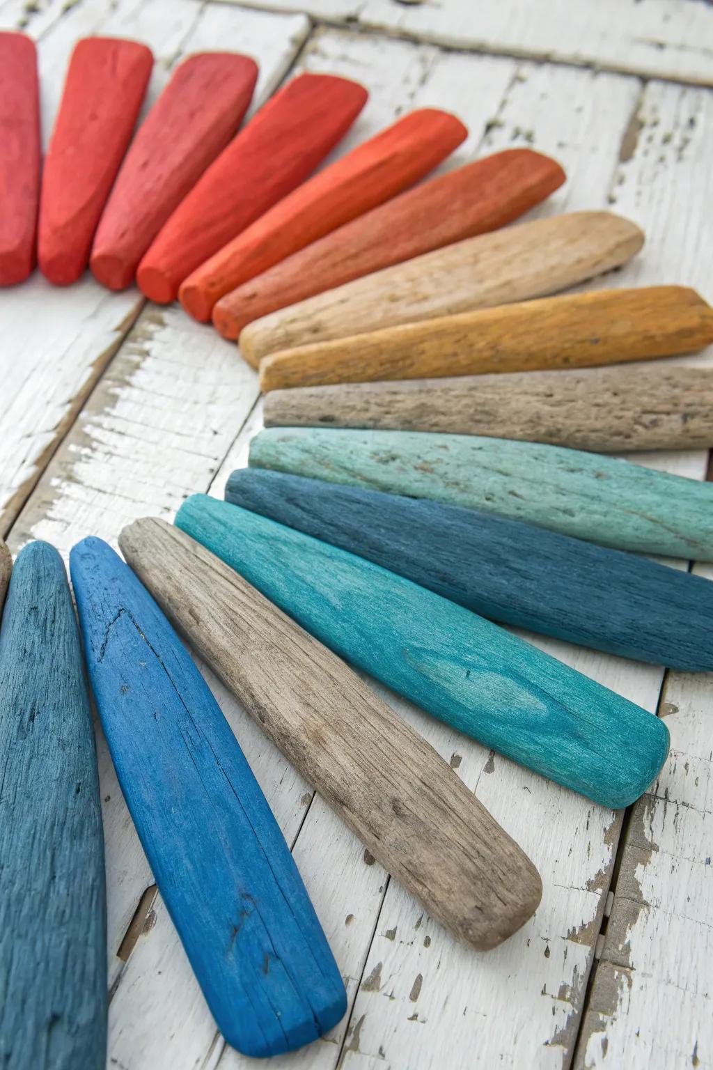 Bring the beach indoors with this handcrafted driftwood color wheel. A fusion of bold colors and natural beauty!