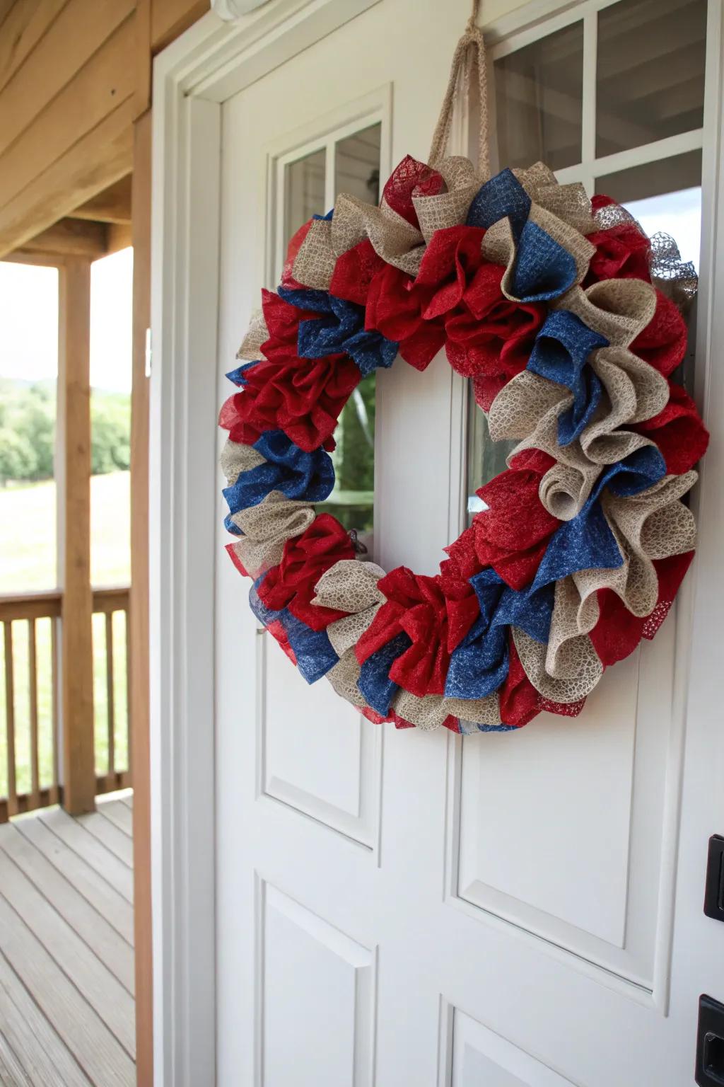 An elegant burlap ruffle wreath that adds rustic charm to your home.