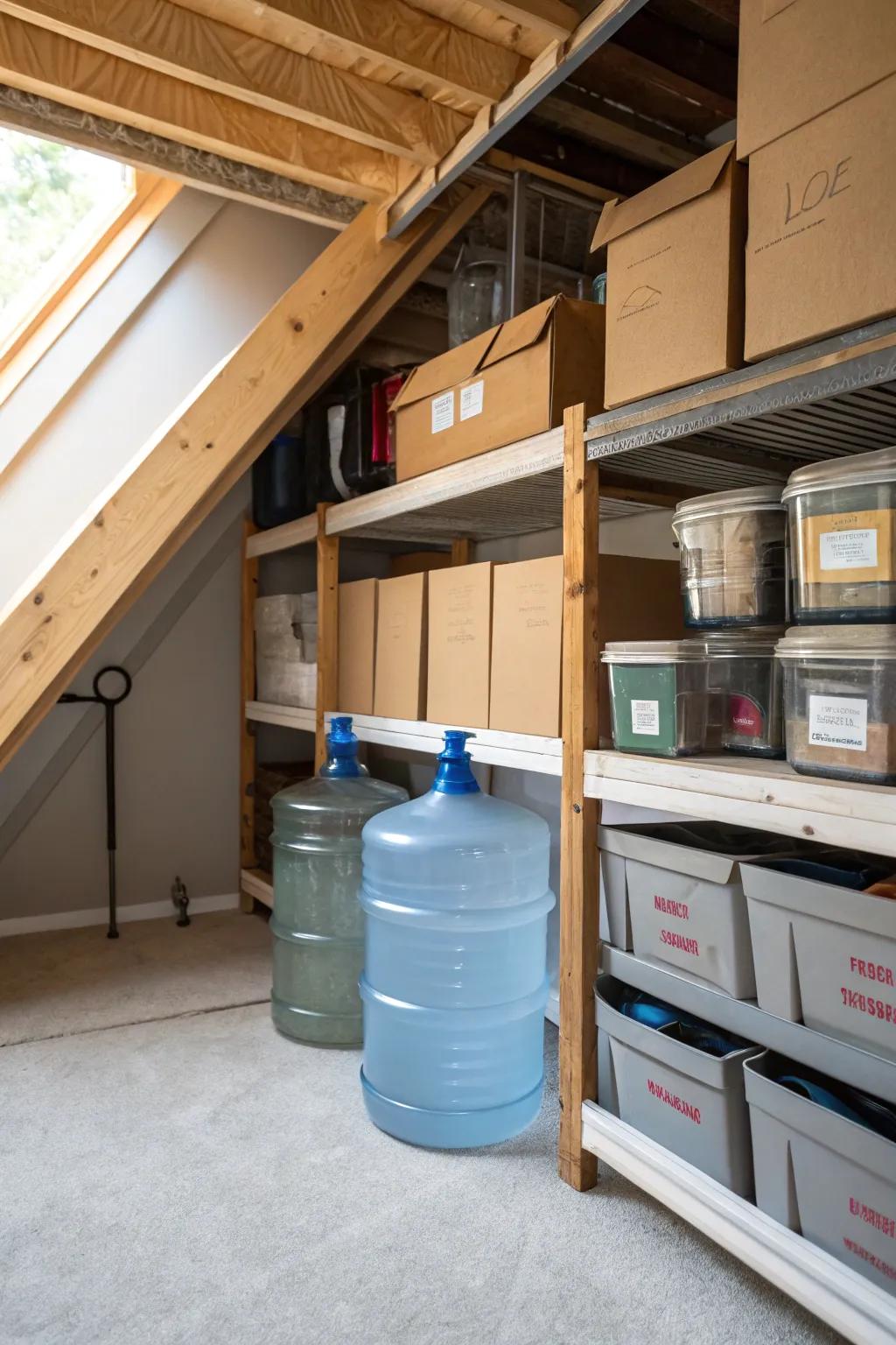 Attic storage uses vertical space effectively for jugs.