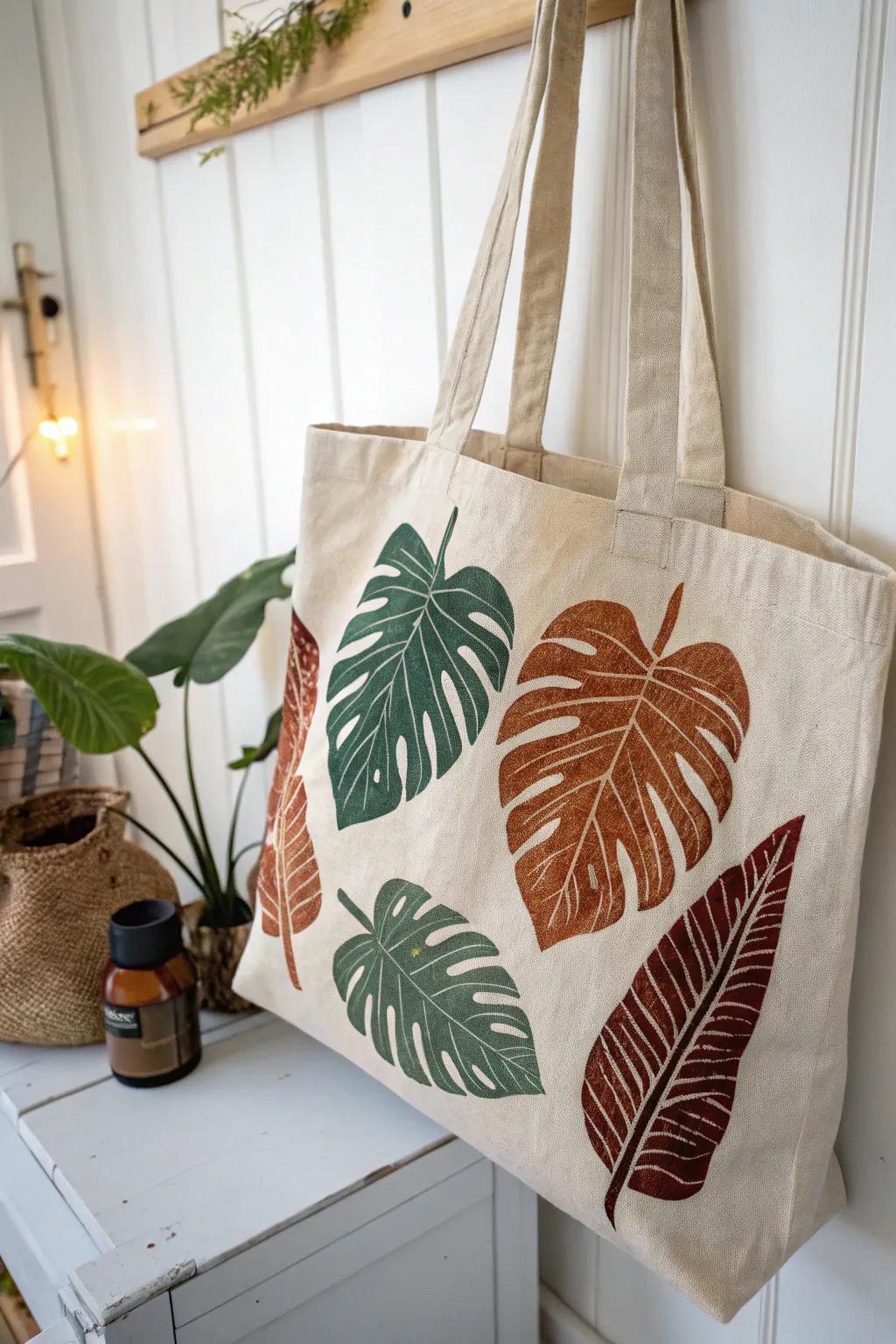 Carry a piece of nature with you in style with this handcrafted leaf print tote bag.