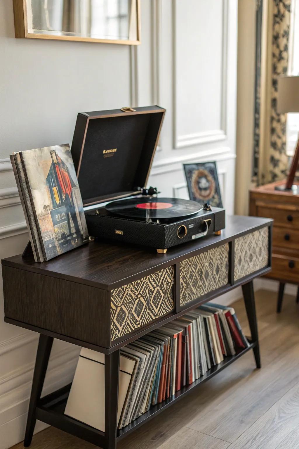 A vintage record player adds a touch of nostalgia to music listening.