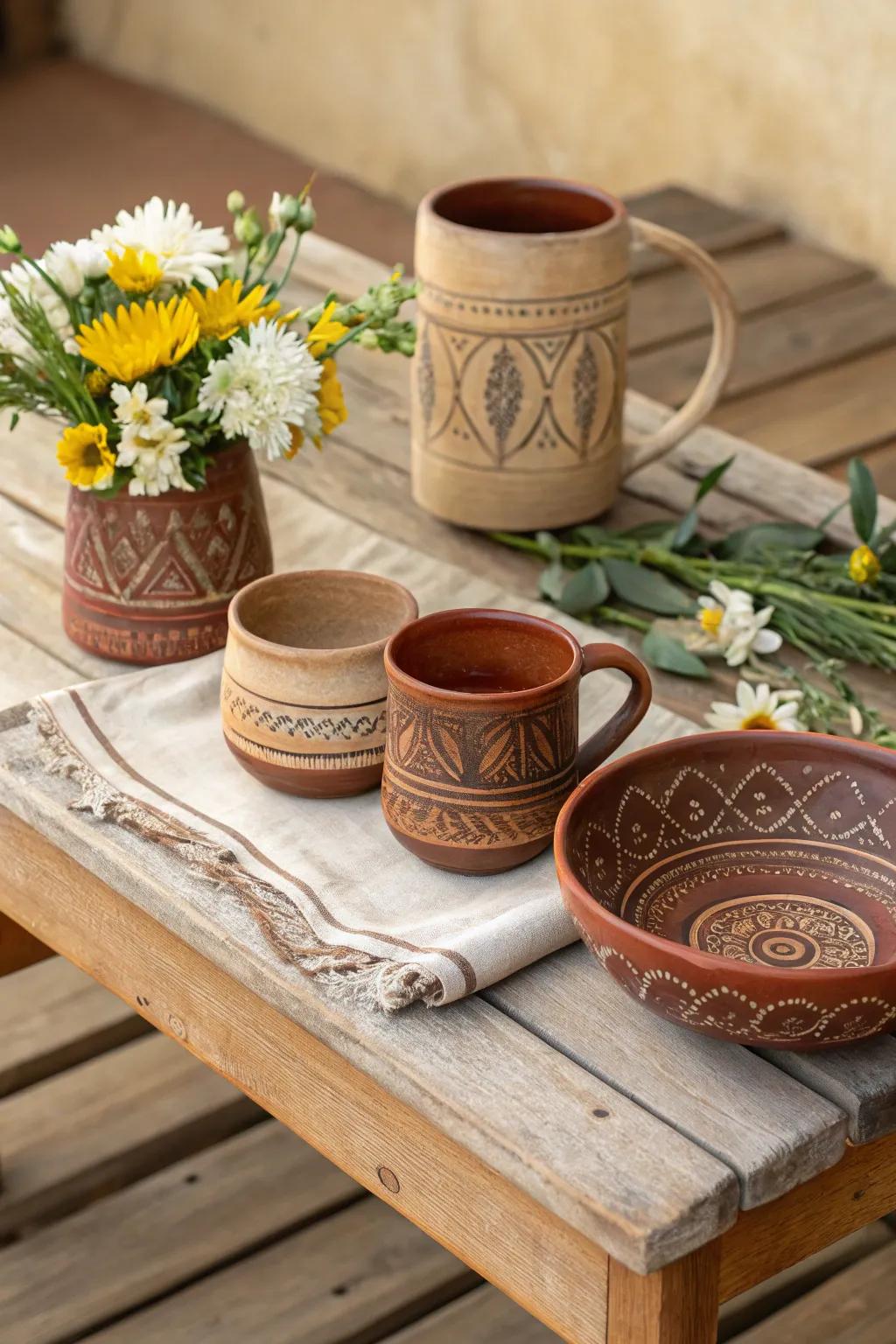 A handcrafted pottery set adds artisanal beauty to her daily rituals.