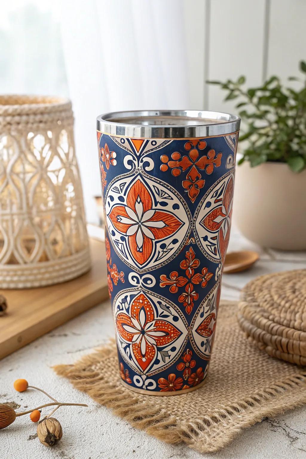 Elevate your sip with global flair: Moroccan tile-inspired acrylic tumbler.